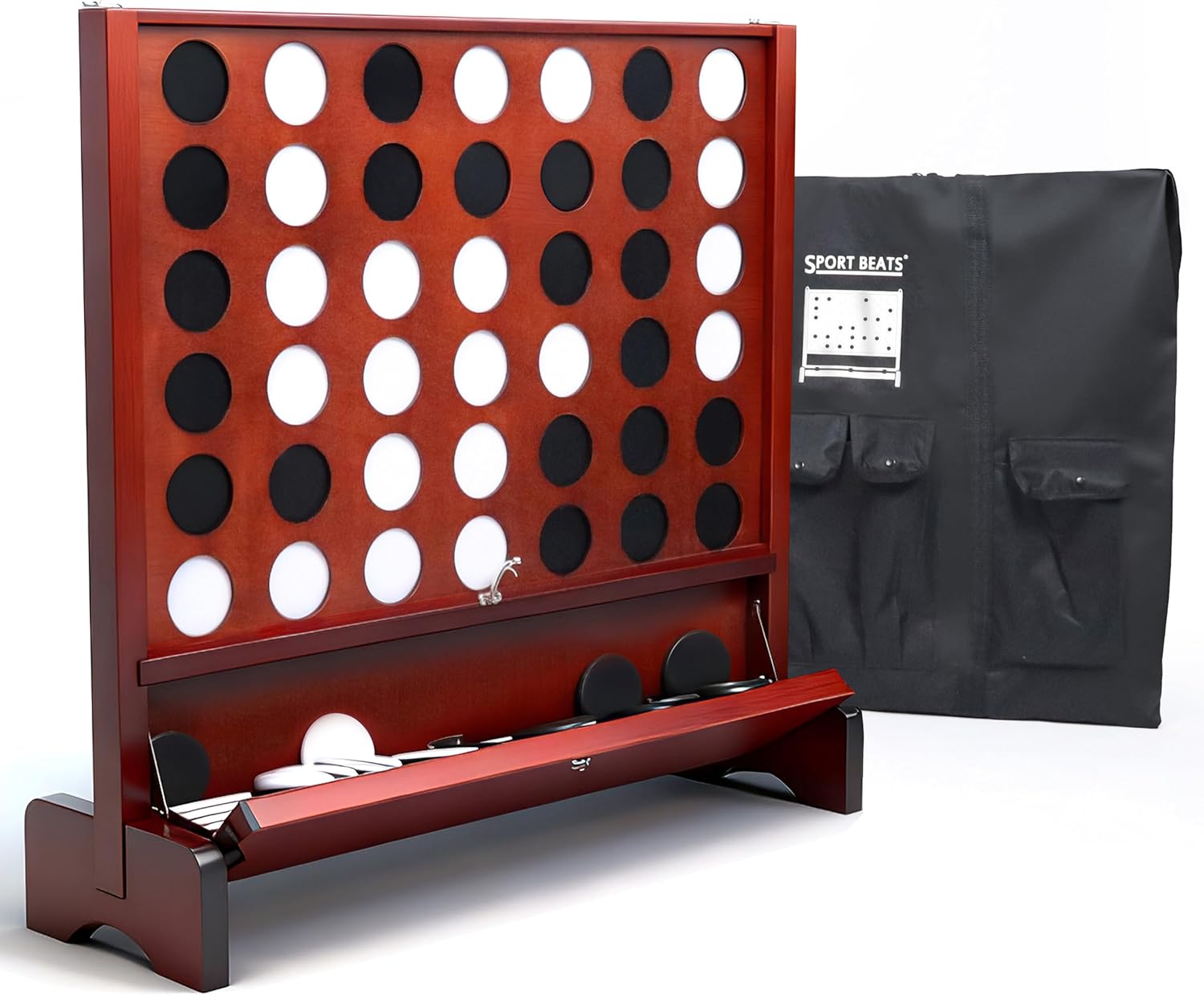 SPORT BEATS Giant Wooden 4 in a Row Game with Folding Catch Tray | Patented Wall Mountable Outdoor & Backyard Game | Includes Carry Bag, Detachable Legs Walnut
