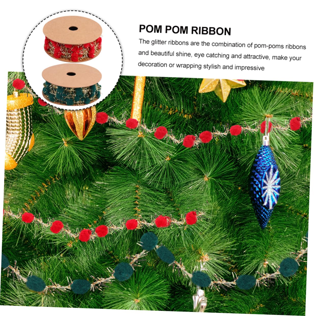 Operitacx 6rollos Cintas De Navidad De Ribbons De Pom-poms Para Manualidades y Decoraciones De Árbol De Navidad Fáciles De Cortar y Reutilizables