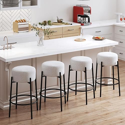 Flouki Swivel Bar Stools Counter Height, Modern Backless Stools for Kitchen Counter, Boucle Fabric Island Chairs with 6.7'' Thick Cushion and Metal Base, 26 inches H, Set of 4, White