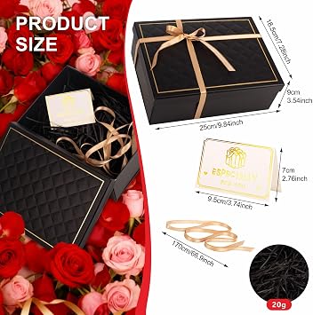 Black Gift Box with Lid 25x18x9cm Medium/Large Luxury Gift Boxes for Presents, Cardboard Empty Gift Box for Birthday Wedding Christmas Valentines Present Box for Her Women Men with Ribbon