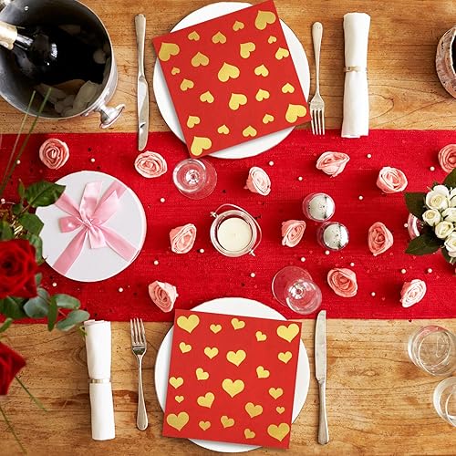 Miniatura 5 de JarThenaAMCS 80 servilletas de papel para el día de San Valentín, servilletas desechables de papel dorado rojo para bebidas con corazón para bodas,