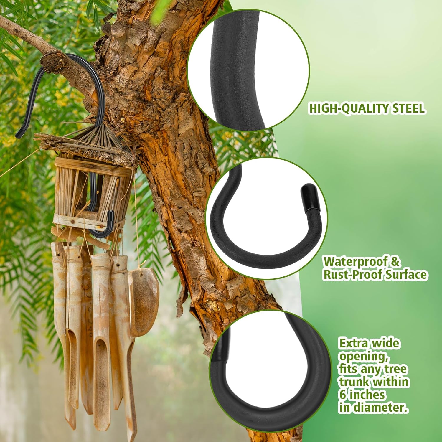 Therwen 4 Pcs 12 Inch Tree Branch S Hook Heavy Duty Extra Large 1/4" Steel Metal Outside Tree Hanger for Hanging Bird Feeder, Plant, Wind Chime, Lantern, Wreath, with Vinyl End Cap, 35 Lbs Capacity
