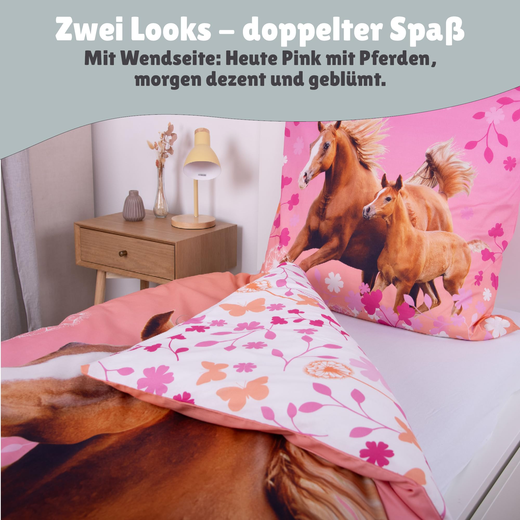 Pferd Bettwäsche Set 2-teilig 135x200 80x80 cm – Mädchenbettwäsche aus 100% Baumwolle mit Wendemotiv & Reißverschluss – Hautfreundlich & atmungsaktiv – Trocknergeeignet – Öko-TEX Zertifiziert