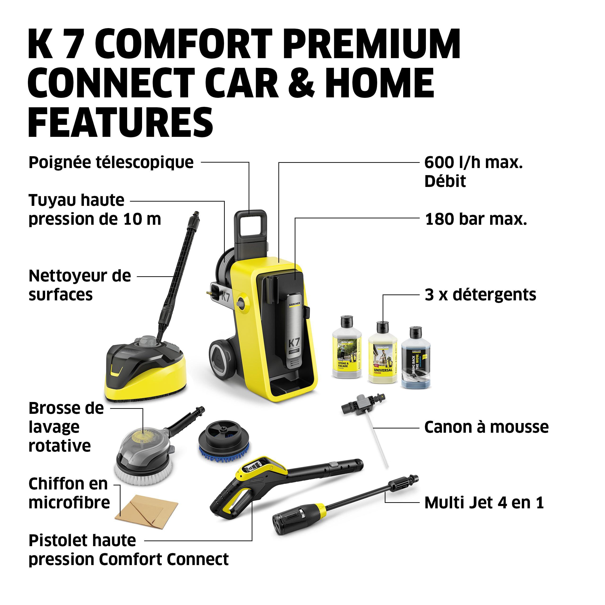Kärcher Nettoyeur Haute Pression K 7 Comfort Premium Connect Car & Home, Pression Max. 180 Bar, débit : 600 l/h, Surface : 60 m²/h, Enrouleur de Flexible, contrôle Via Application, Car & Home Kit