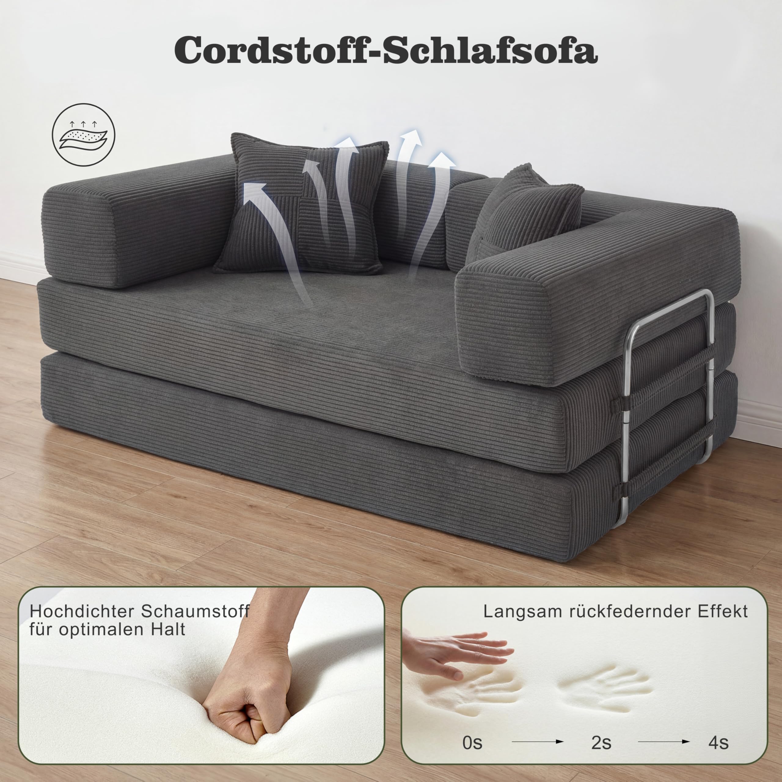 Vipbear Divano letto velluto a coste 160×90×70 cm, divano a pavimento trasformabile 5-in-1, schiuma ad alta densità, pet-friendly ed ergonomico, senza montaggio, Grigio