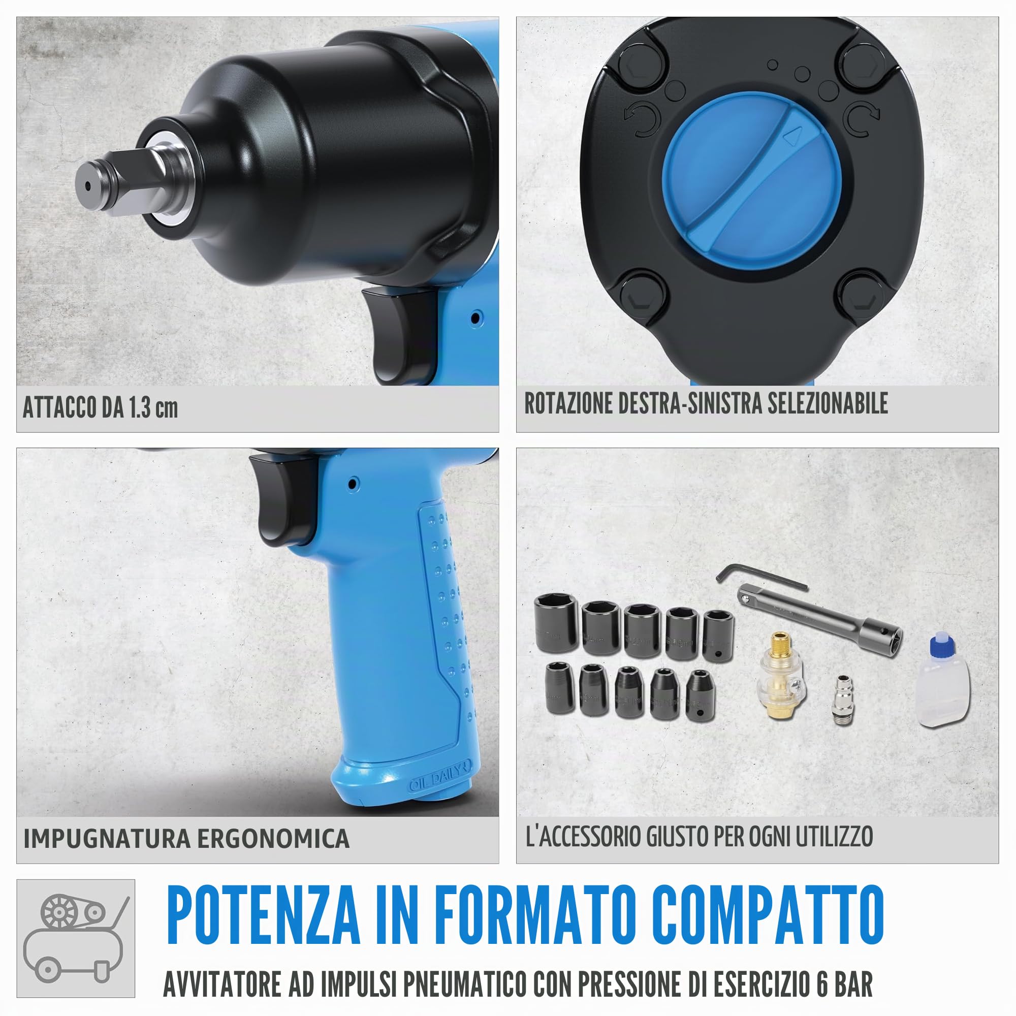 Güde Set avvitatore a percussione ad aria compressa (filettatura di collegamento IG 1/4", 6 bar, pressione pressata, 204 l/min, gonfiabile, 150/300/569 Nm, coppia di rilascio max. 580 Nm, con 10