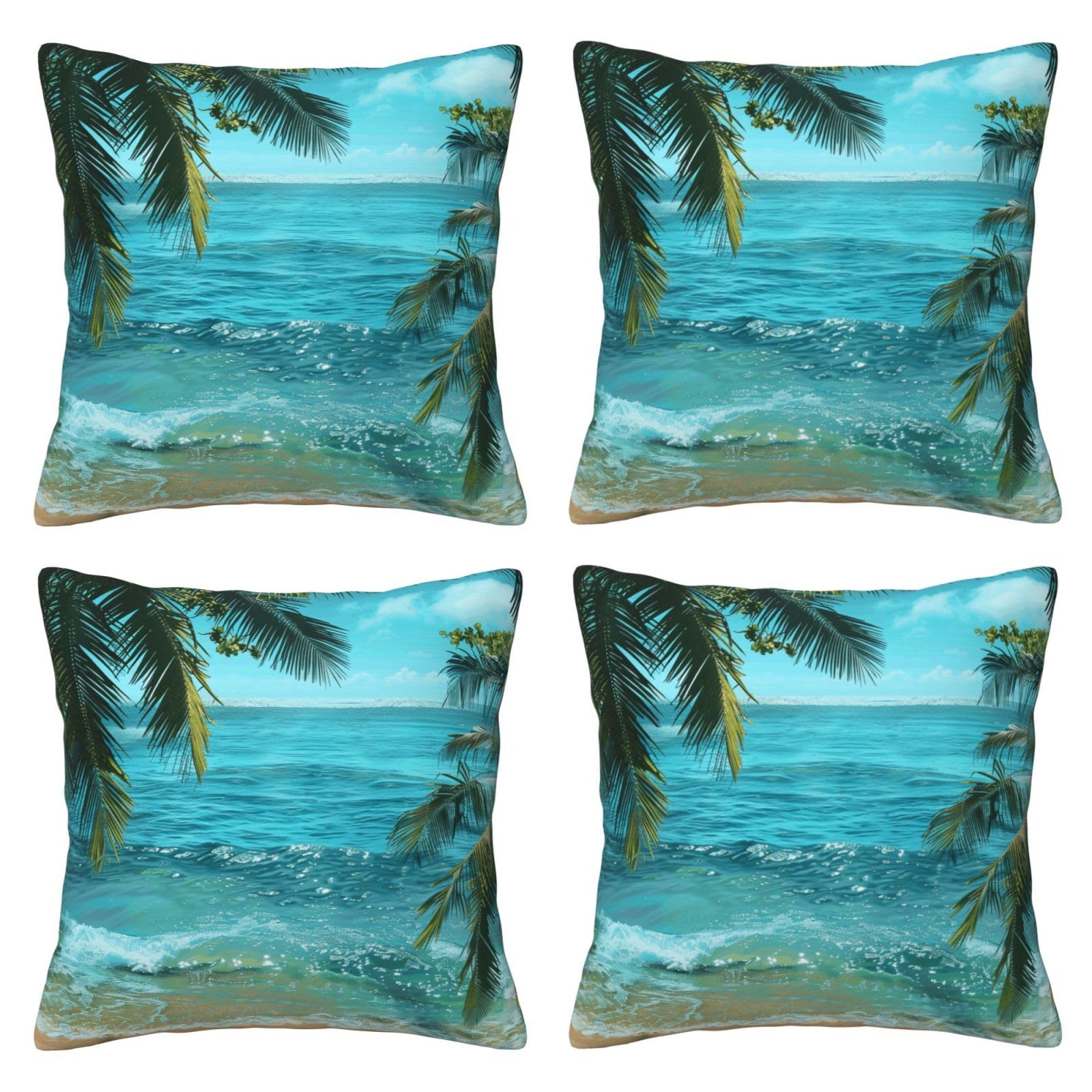 Sea Beach Palm Leaves Throw Pillow Cases 4 Pack Square Pillowcases Super Soft Pillow Protectors With Zipper for Couch Livingroom Sofa Bed Office Car,50x50 CM