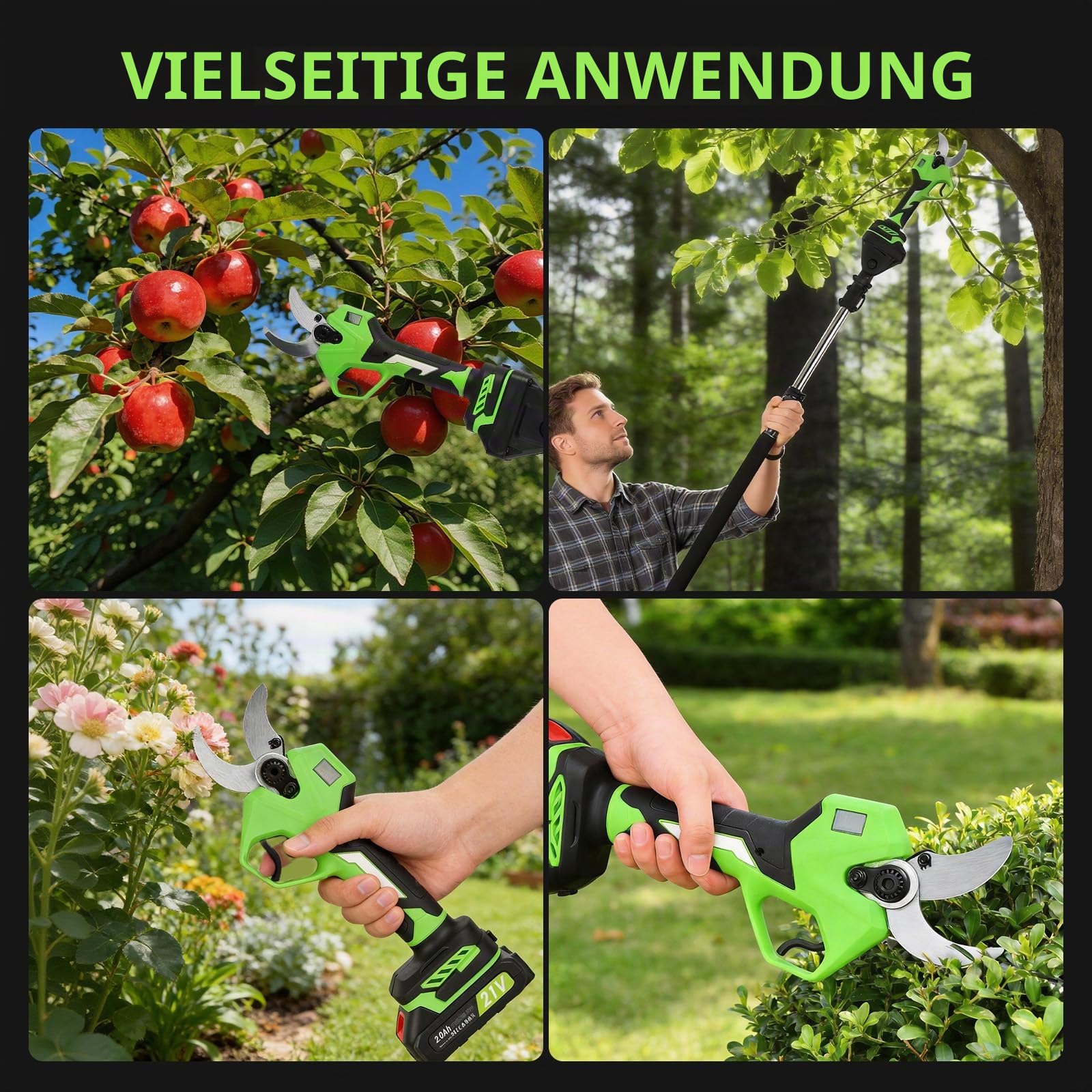 Akku Astschere Nexalite 40 mm mit 2 m Teleskopstange, LCD, 2x 2,0 Ah | für lange Einsätze,LCD,ABS/Alu leicht, Rutschfest,Obstbäume, Weinreben, Hecken