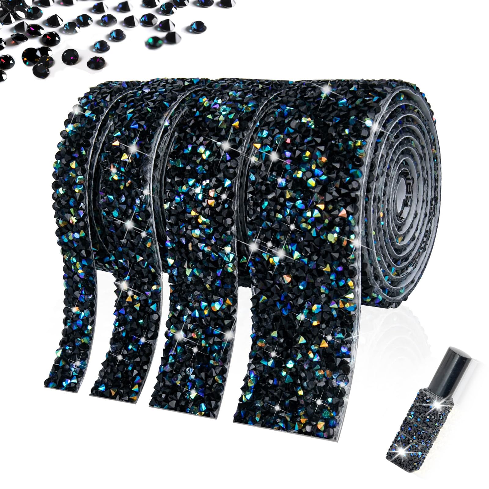 JVHLOV 4 Rolls Rhinestone Ribbon, Self Adhesive Glitter Trim Black AB