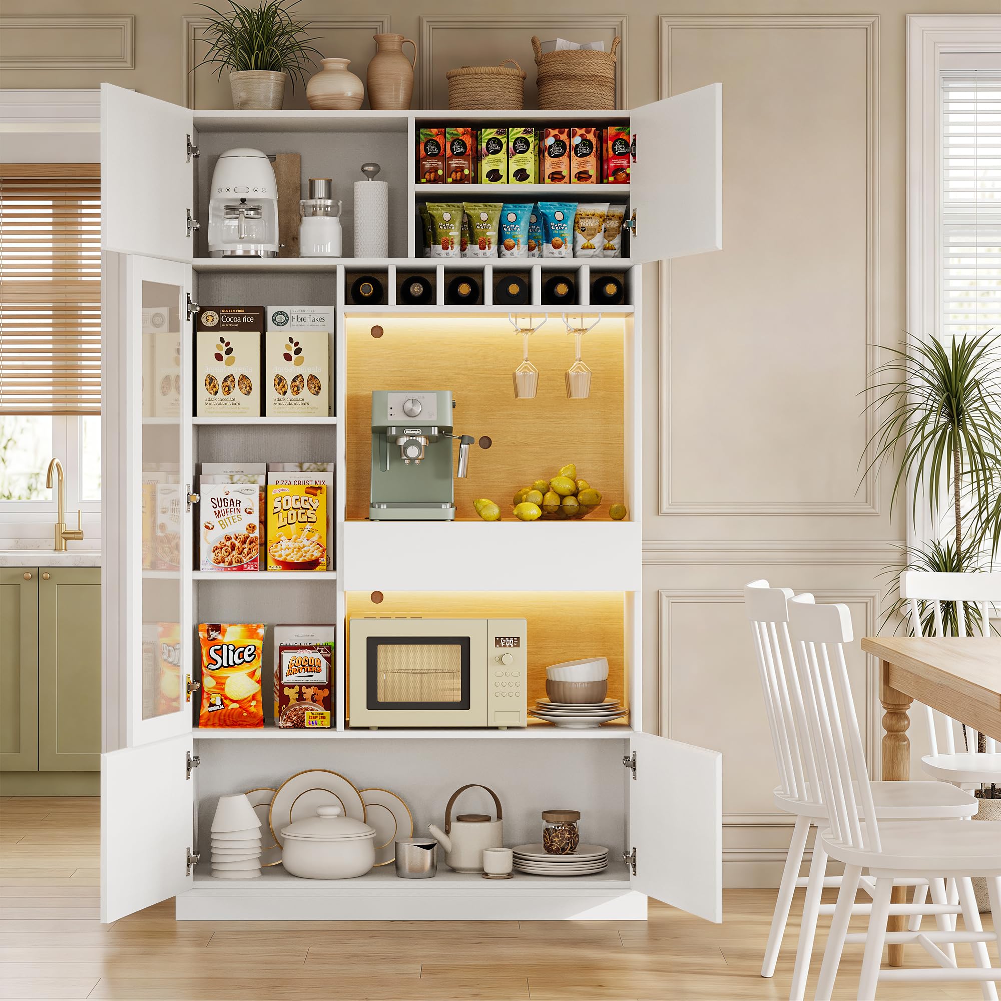Einhomn 69" Large Kitchen Pantry Cabinet with LED Lights & Charging Station & Wine Rack, Kitchen Hutch with Glass Door & Countertop & Adjustable Shelves for Dining Room, Living Room, White