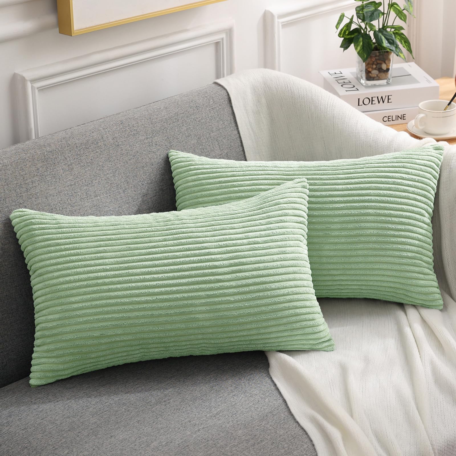 Mecatny Corduroy Throw Pillow Covers 12x20 Set of 2 - Striped Decorative Pillow Covers for Living Room, Bed - Soft Lumbar Couch Pillow Covers for Sofa - Sage Green