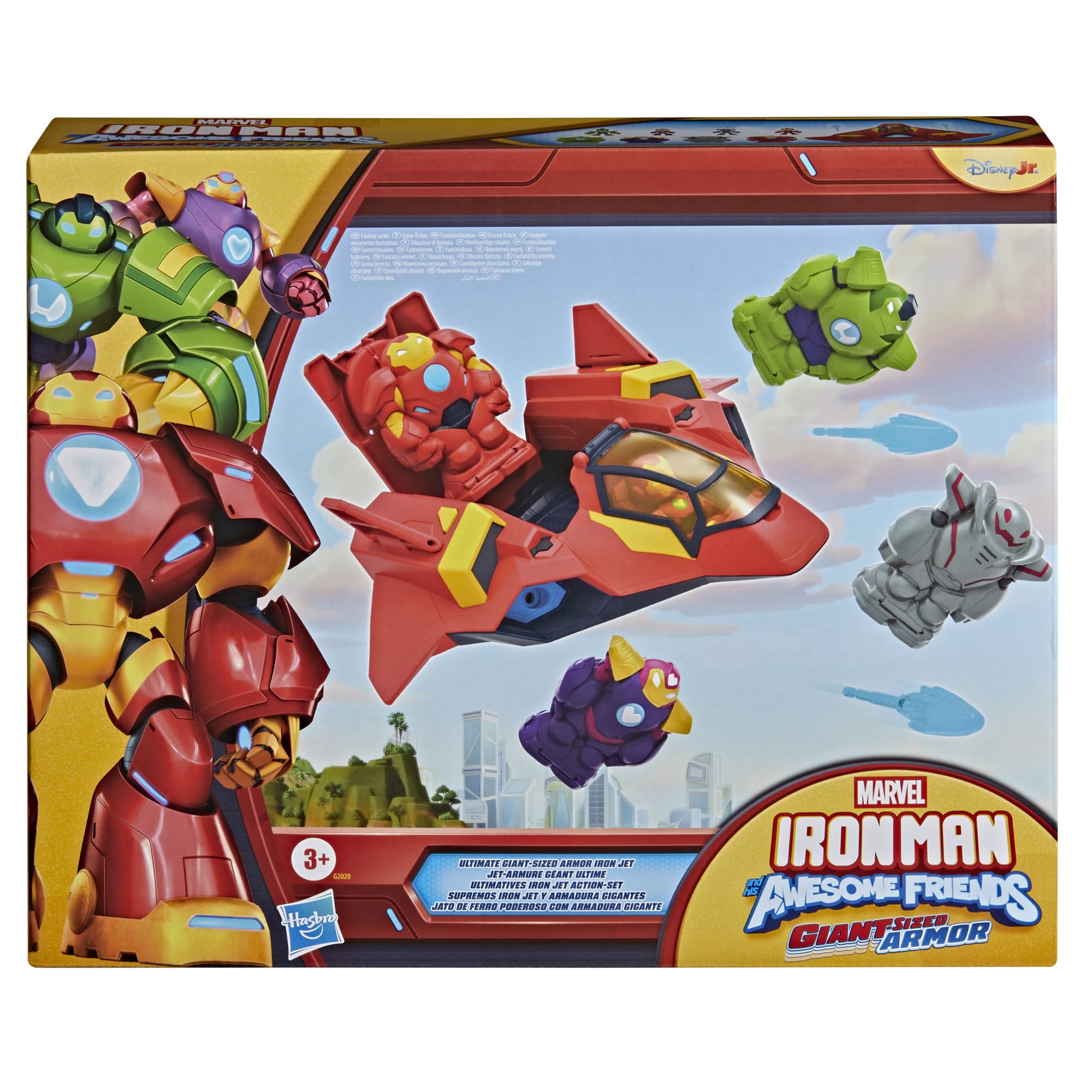 Zestaw z olbrzymimi zbrojami i odrzutowcem Iron Mana z serialu Marvela "Iron Man i super ekipa" telewizji Disney Jr., figurki o wysokości 7,6 cm, zbroje i model pojazdu