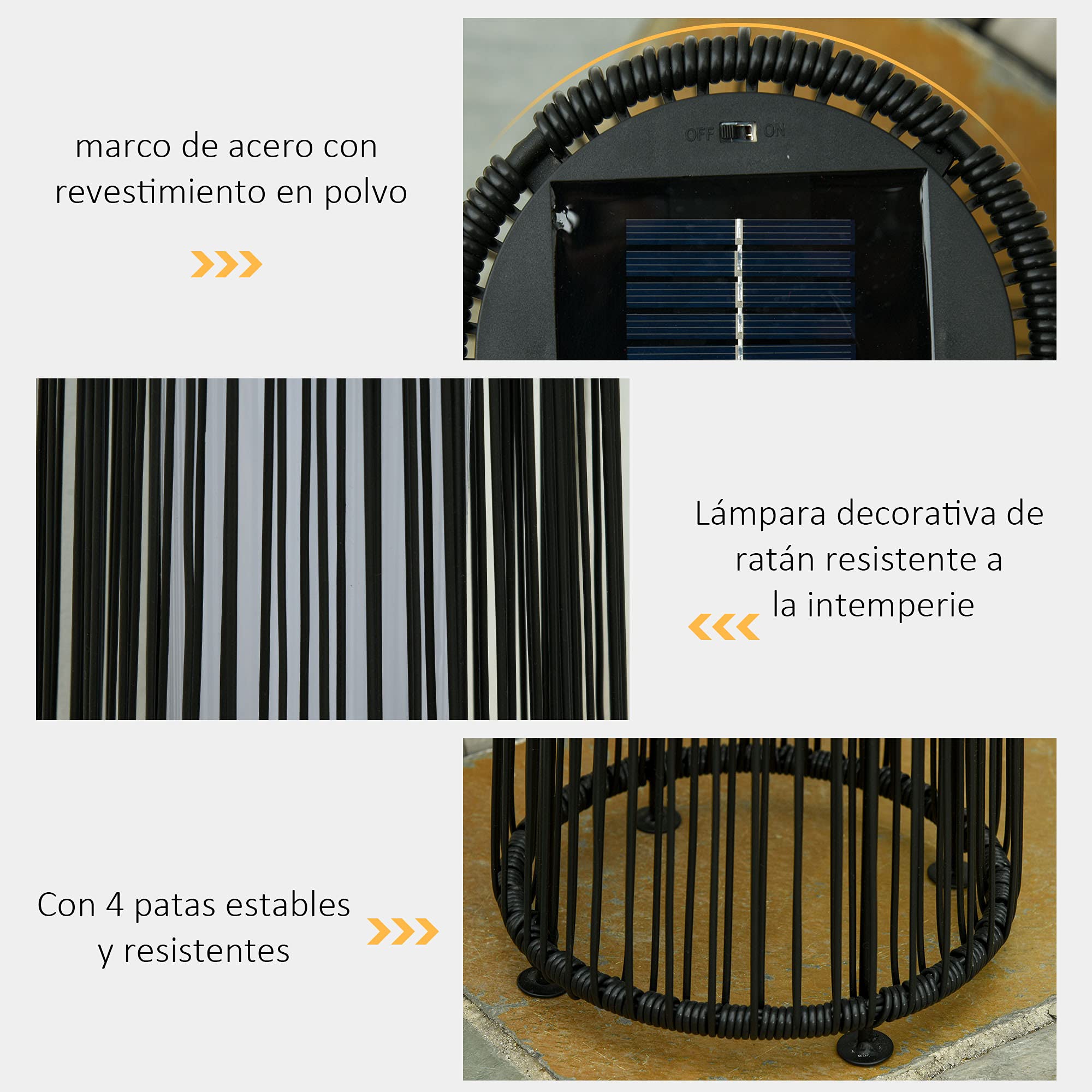 Outsunny Linterna de Jardín de Ratán Sintético Farola Solar Exterior con Luces LED Encendido y Apagado Automático Impermeable para Terraza Balcón Patio Ø21,5x61 cm, Negro