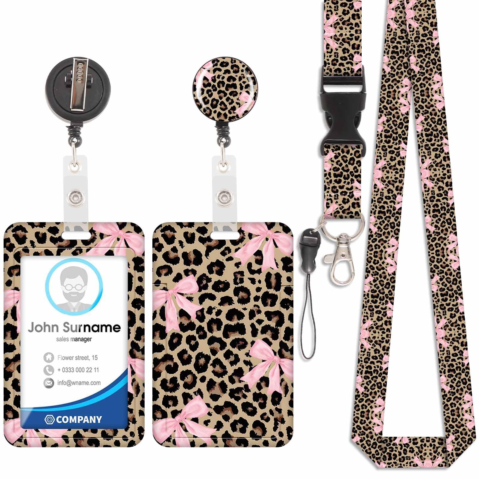 Badge Holder with Lanyard, ID Badge Holders with Detachable Cute Lanyard, Retractable Badge Reel Carabiner Clip, Personalized Card Cover Case Protector for Nurse Teacher Student (Leopard Bow-2)