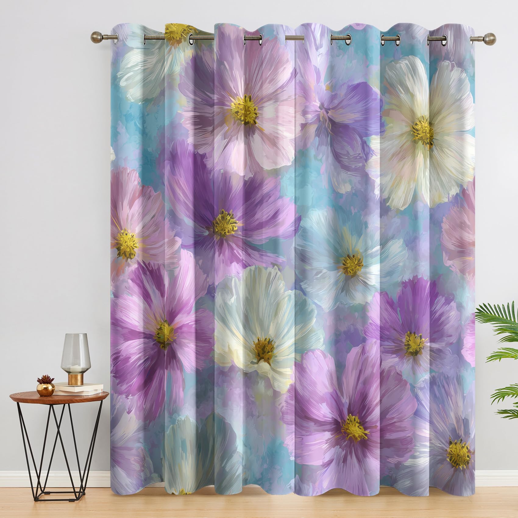 Colorful Floral Curtains 52 x 84 Inch 2 Panels, 95% Blackout, Flower Plant Curtains for Bedroom, Living Room, Home Decor, Thermal Insulated Eyelet Window Drapes RCN106