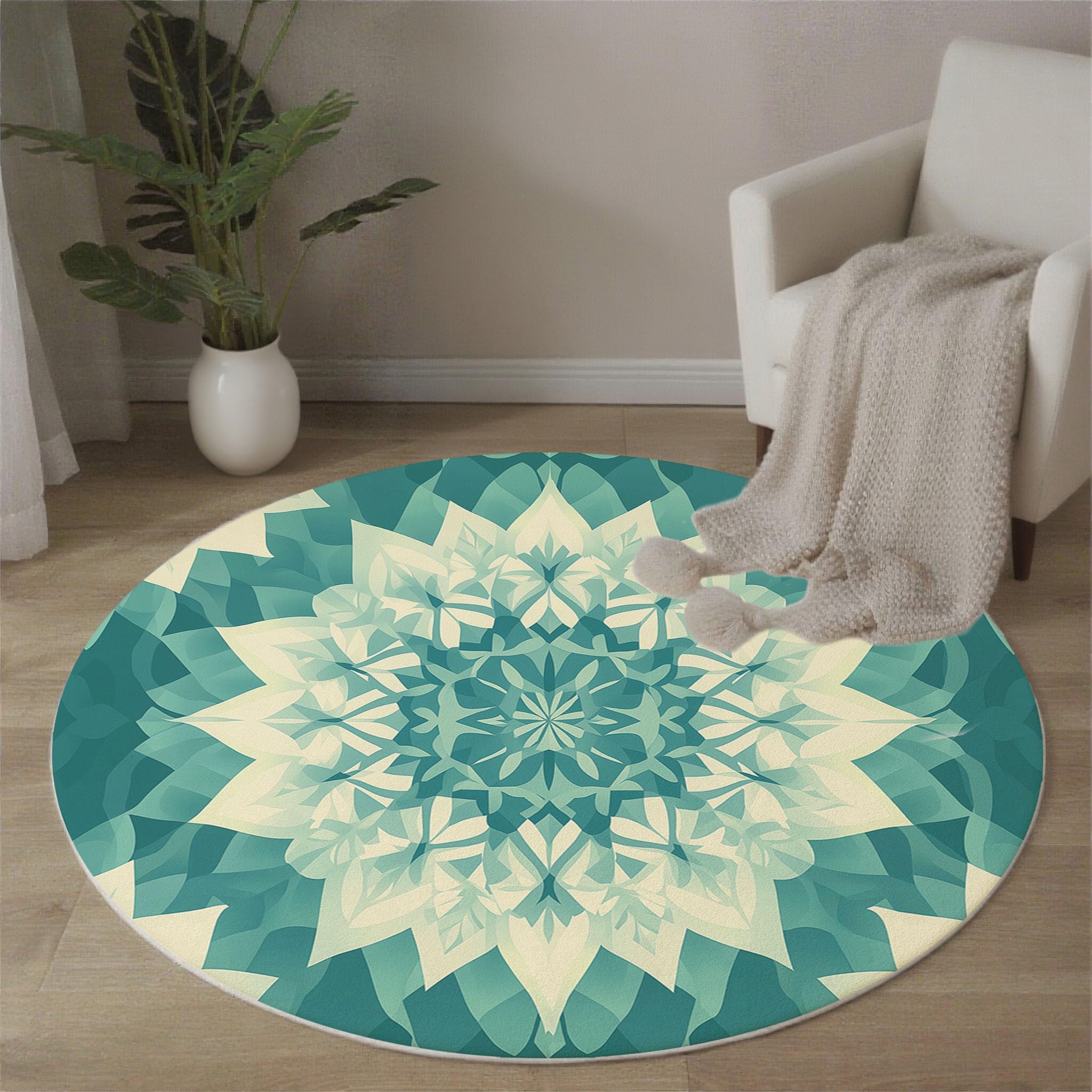 Tapis Poil Ras Rond Art Géométrique Tapis Rond Mandala Doux et antidérapant - Lavable en Machine - pour Salon, Chambre à Coucher, Salle à Manger, 180cm, Bleu-Vert