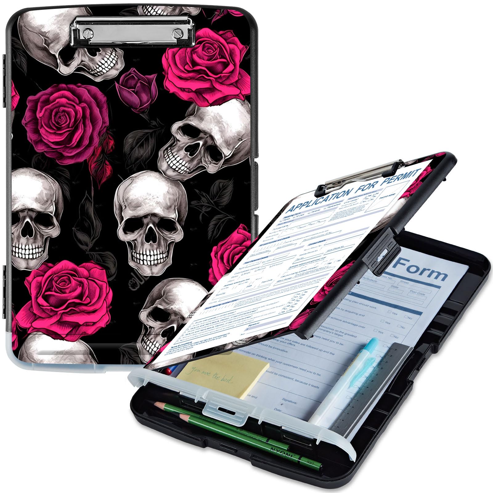 Qindaiwen Clipboard with Storage, High Capacity Skull Rose Storage Clipboard 9.5x14 with Pen Holder for Women & Kids, Ideal for Work, School & Office