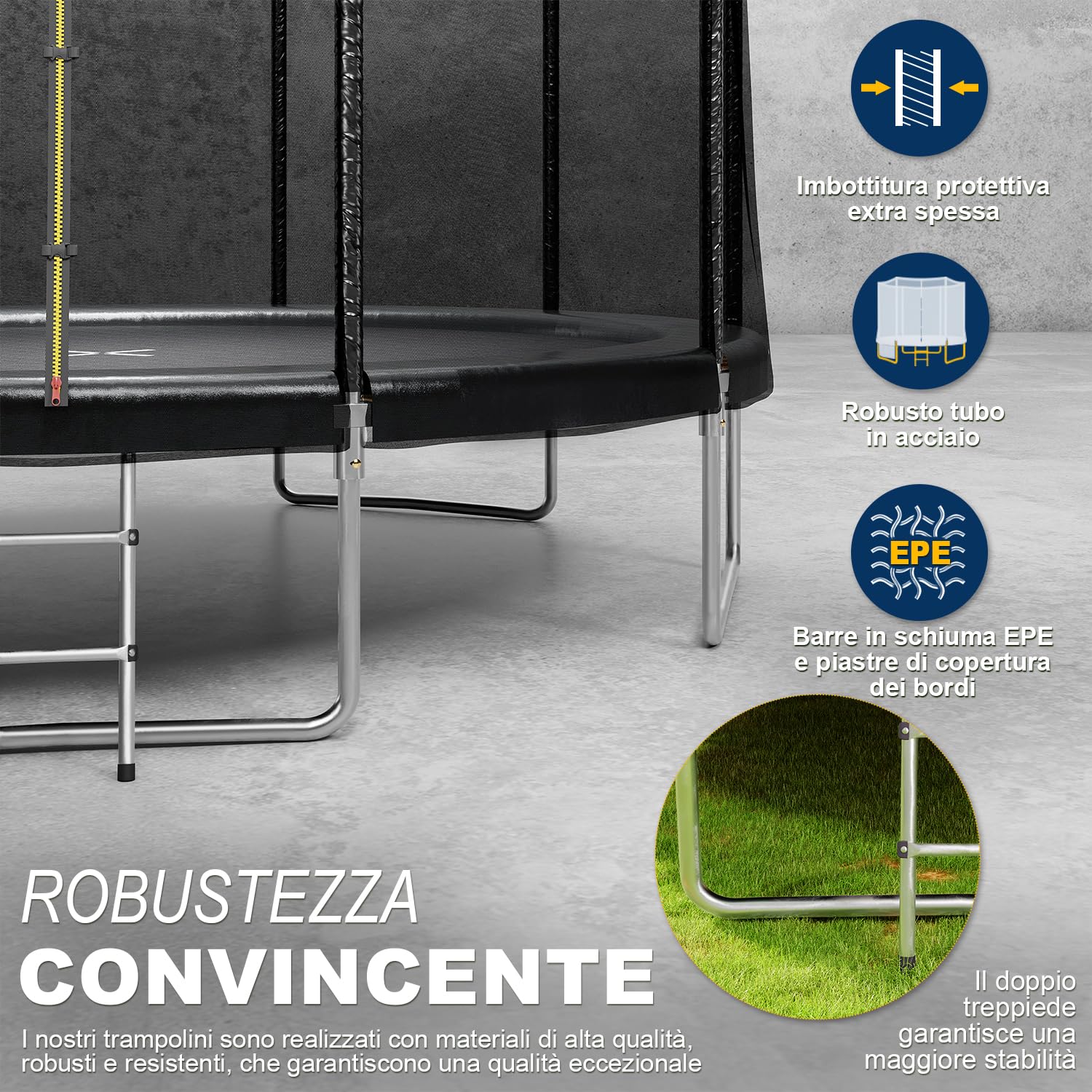 Trampolino Rotondo da Giardino 183/244/305/366/427 cm Trampolino Elastico per Adulti e Bambini Tappeto Elastico da Giardino di Diametro con Rete di Sicurezza, Scala e Barre Imbottite, Esterno