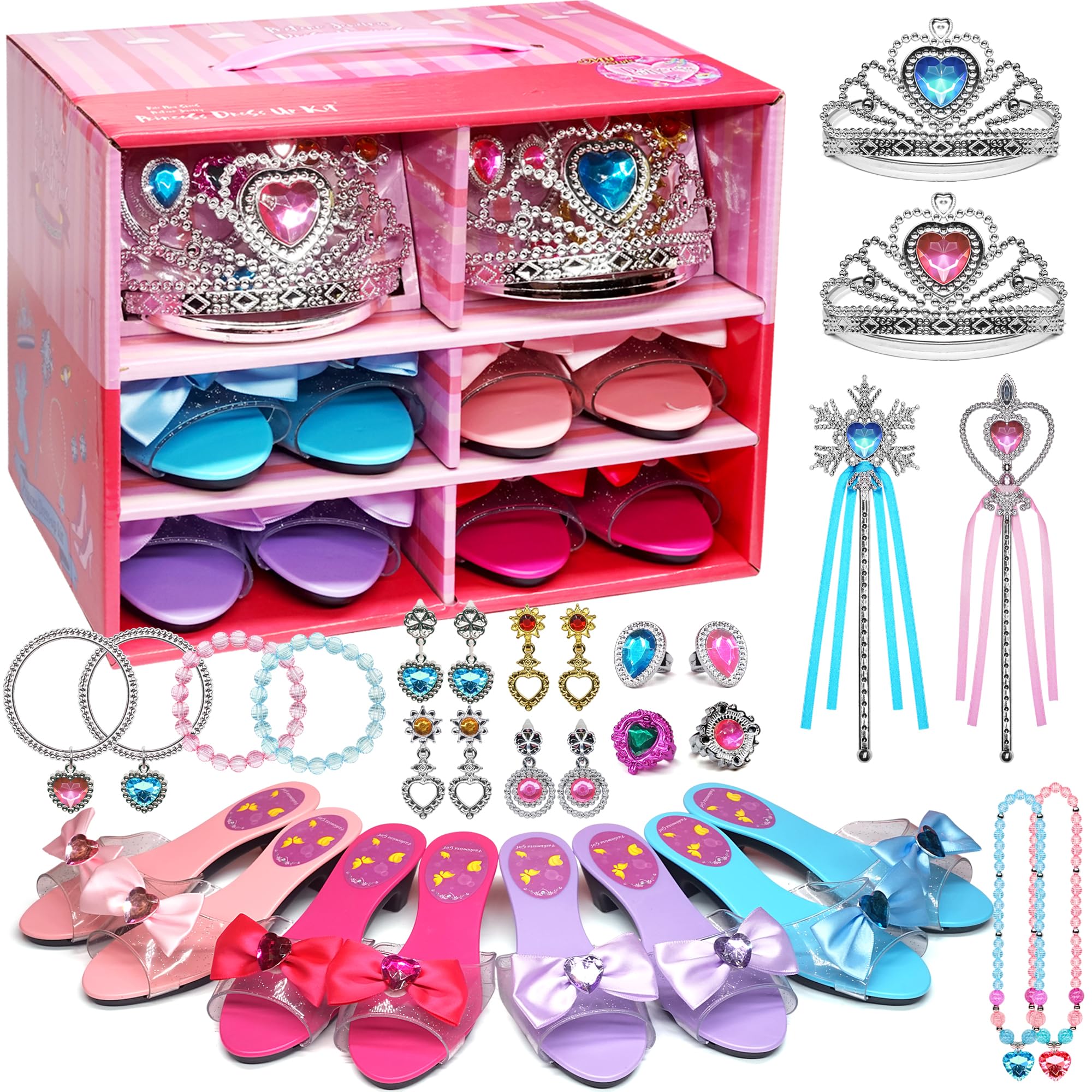 Principessa Scarpe Giocattolo Set Principessa Bambina, 4 Paia di Scarpe Principessa Bambina e 2 Set di Gioielli da Boutique, Regalo di Compleanno per Bambine da 3 a 6 Anni Regalo di Natale