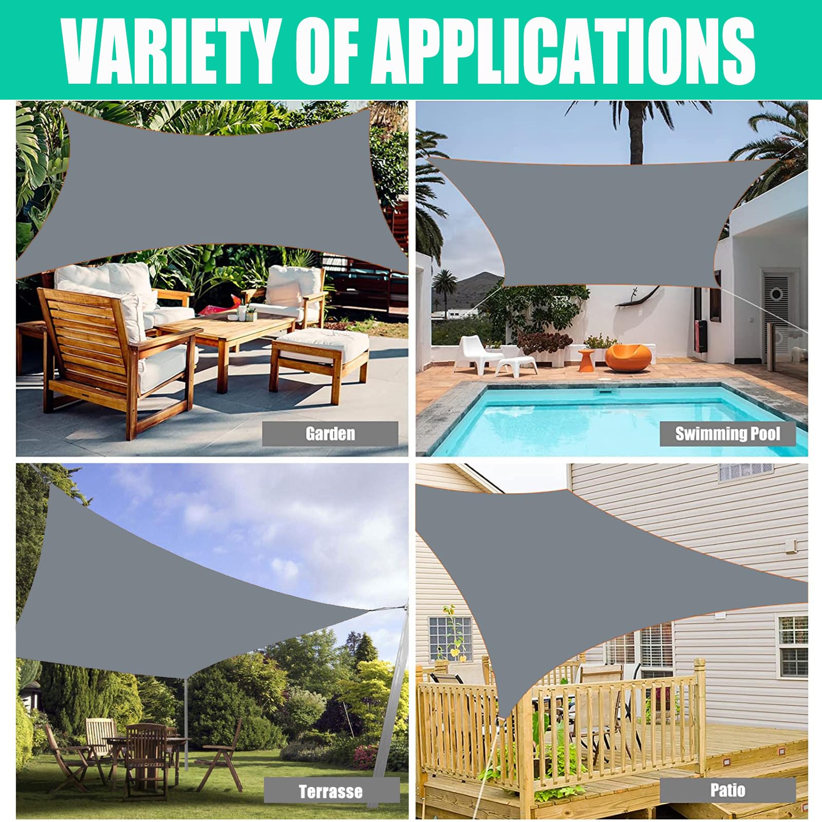 Sun Shade Sail Awning Canopy Waterproof Sunscreen 98% UV Block PES for Garden Patio Canopy with Free Ropes Triangle Rectangle Square(Grey,1.5x2.5) — view 3