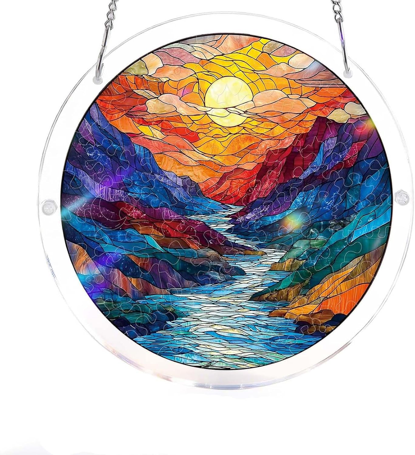 Acrylic Jigsaw Puzzle Suncatcher, Sun Catcher Acrylic Puzzles Garden Decoration for Women,Men,Mom,Friends Birthday Gift Home Decor (Medium, Glazed Mountain Moon)