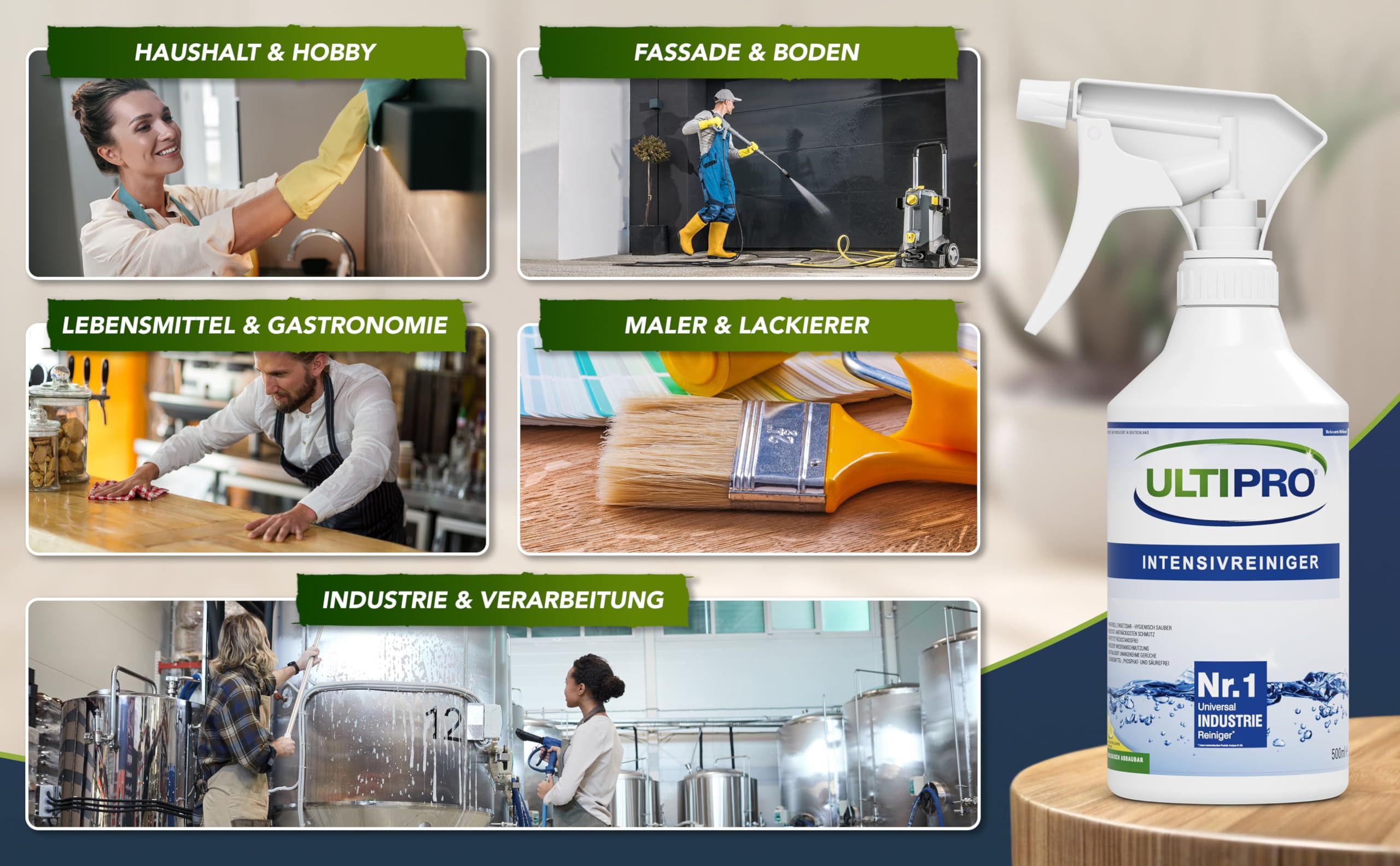 Universalreiniger gebrauchsfertig 5 Liter Intensivreiniger & Fettentferner für Küche, Teppich, Fassade, Auto-Sitze; kraftvoll gegen Fett & Schmutz für alle Oberflächen + 4× 500ml Leersprüher – Ultipro