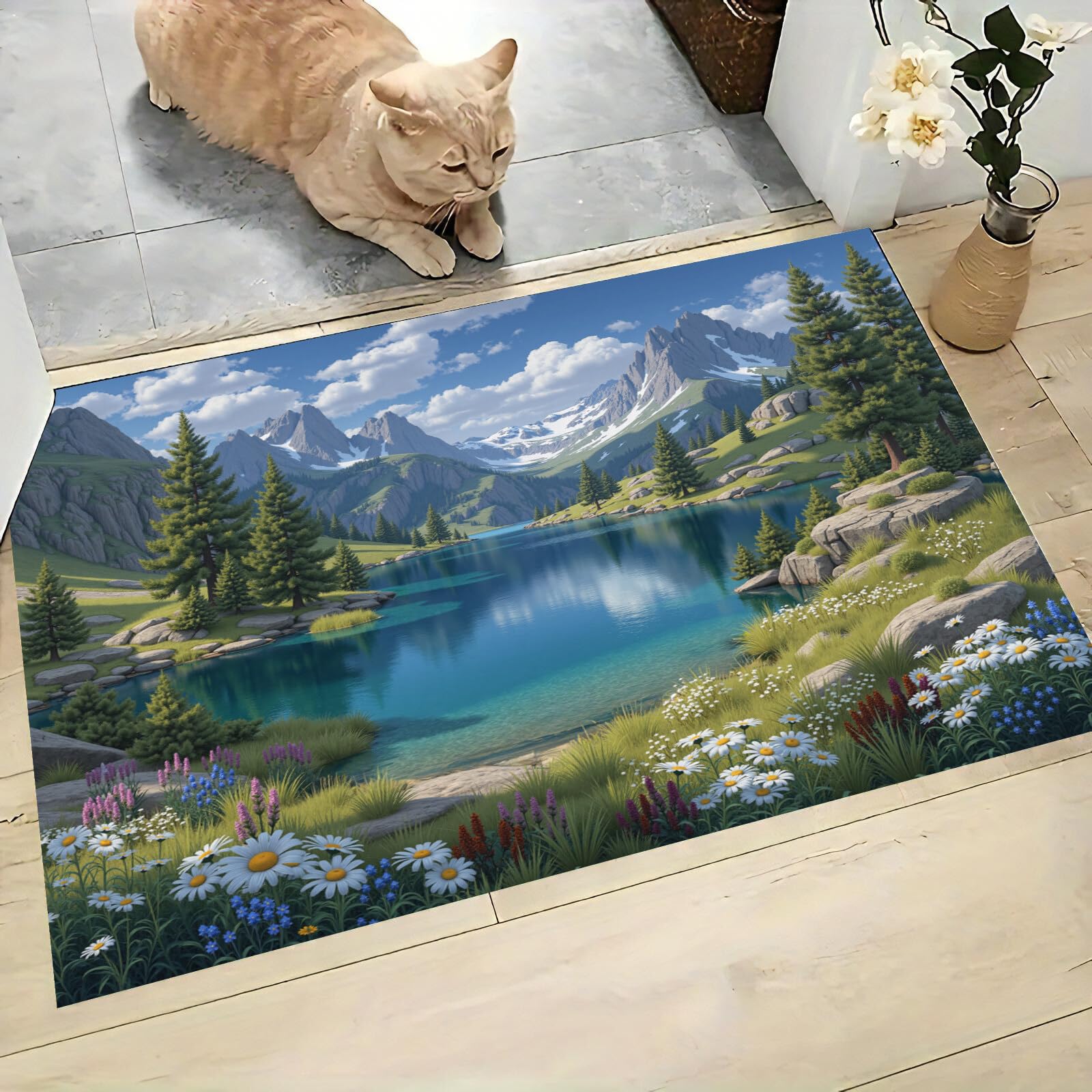 Tapete Verde Lagos De Montañas Cubiertas De Nieve Puerta Felpudo De Entrada Exterior Atrapar Suciedad Alfombra Ilustración De Paisaje Para Interior Jardines Cocina Pasillo Trasera Delantera, 90X150Cm