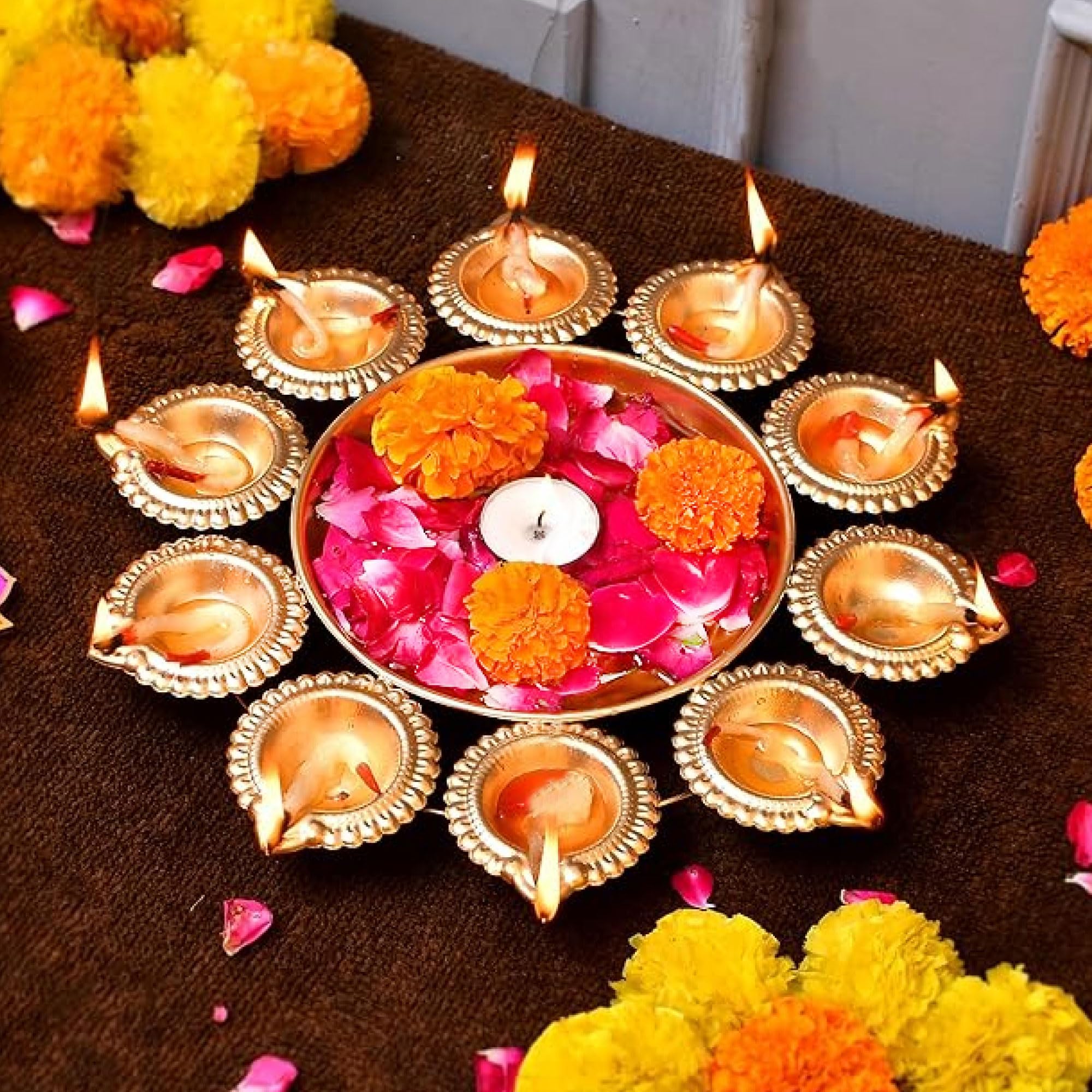 Decorative Urli Bowl Diwali Diyas Handcrafted for Floating Flowers and Tea Light Candles Home, Office and Table Decor| Beautiful Diwali Decoration Items (12.2 Inches)