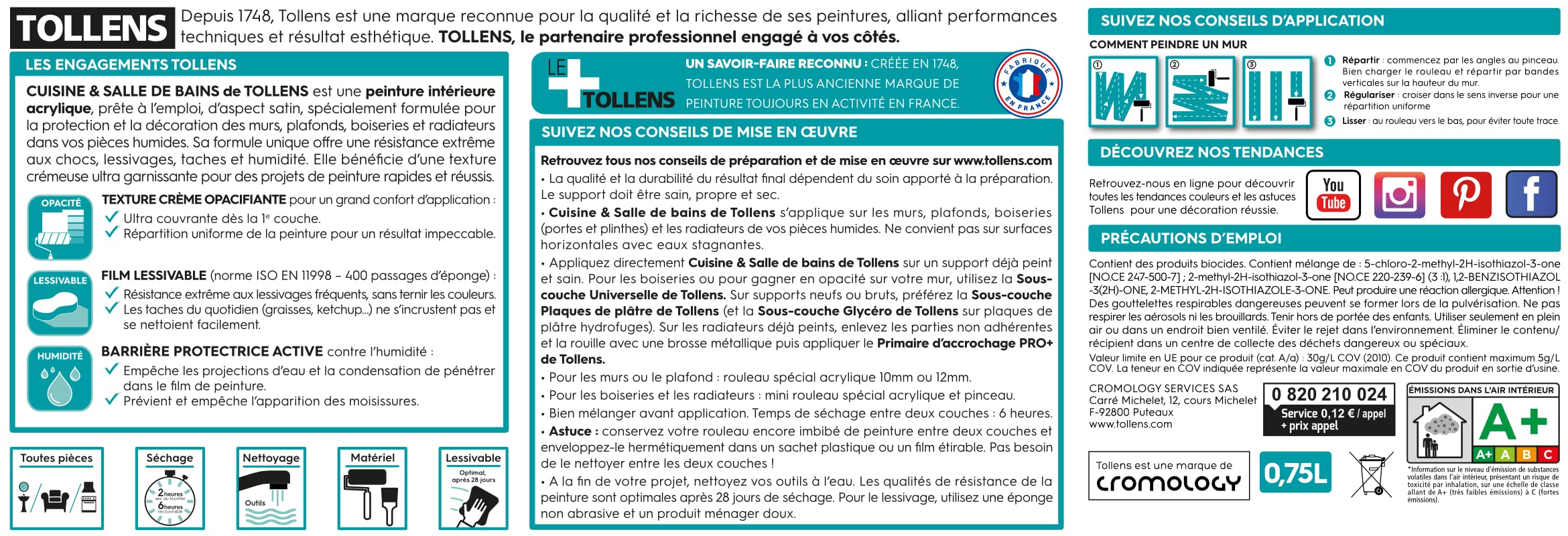 Tollens Peinture Cuisine Et Salle De Bain - Ultra Résistante Pour Murs, Boiseries, Radiateurs - Galet Etret - 0,75L = 9m2