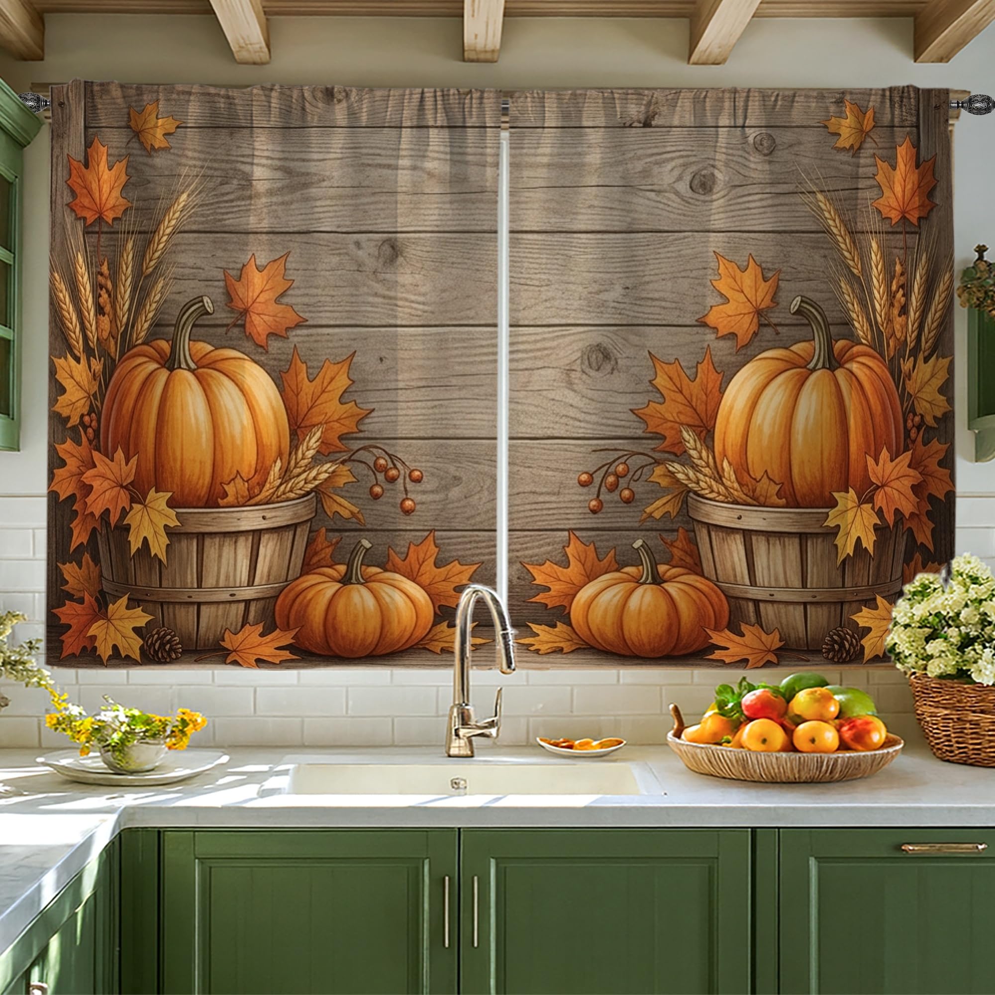 Rideaux courts citrouilles anti vis-à-vis pour petite fenêtre de cuisine et évier orange automne
