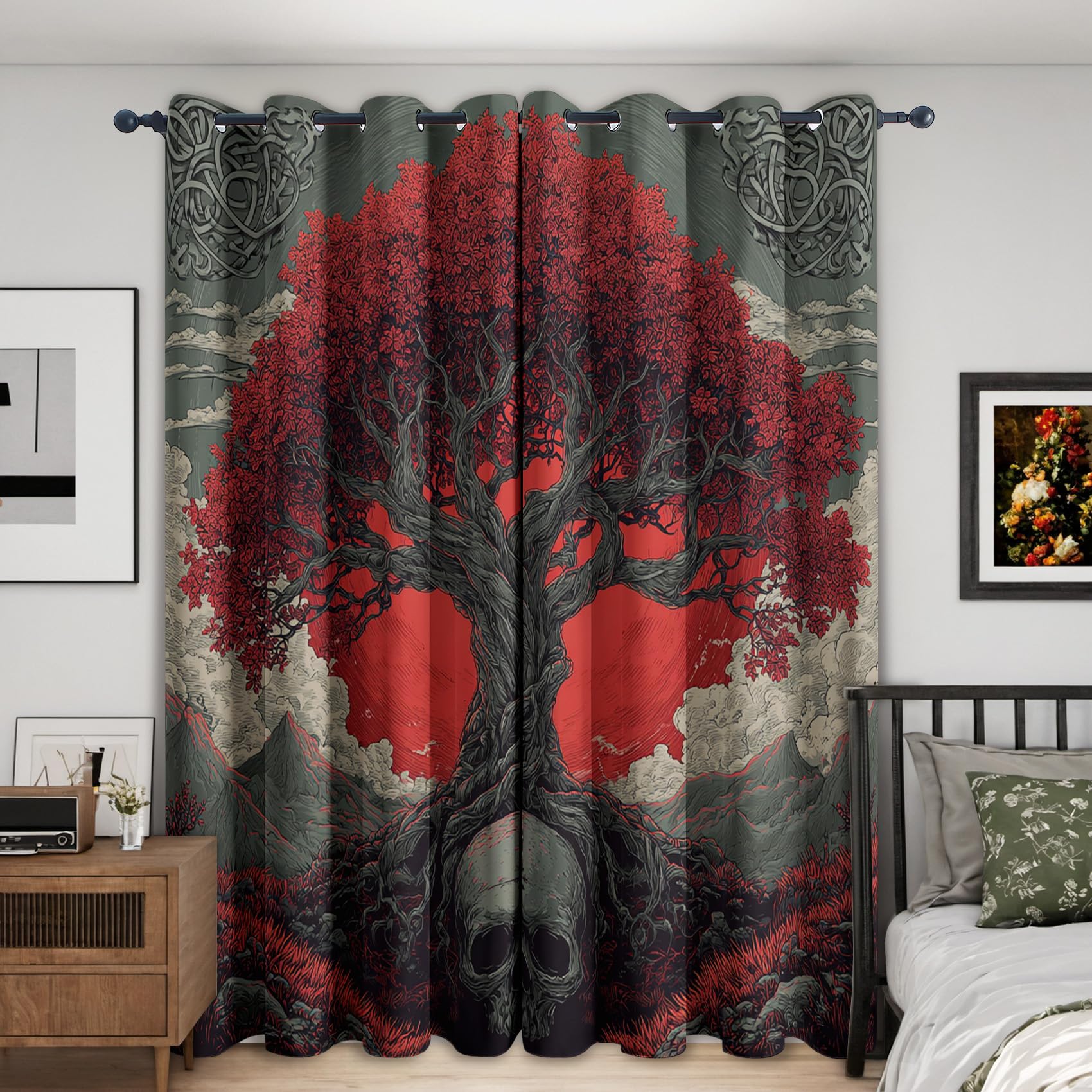 Tree of Life Gothic Curtains 52 x 84 Inch 2 Panels, 95% Blackout, Red Sun Skull Japanese Curtains for Bedroom, Living Room, Home Decor, Thermal Insulated Eyelet Window Drapes YD106