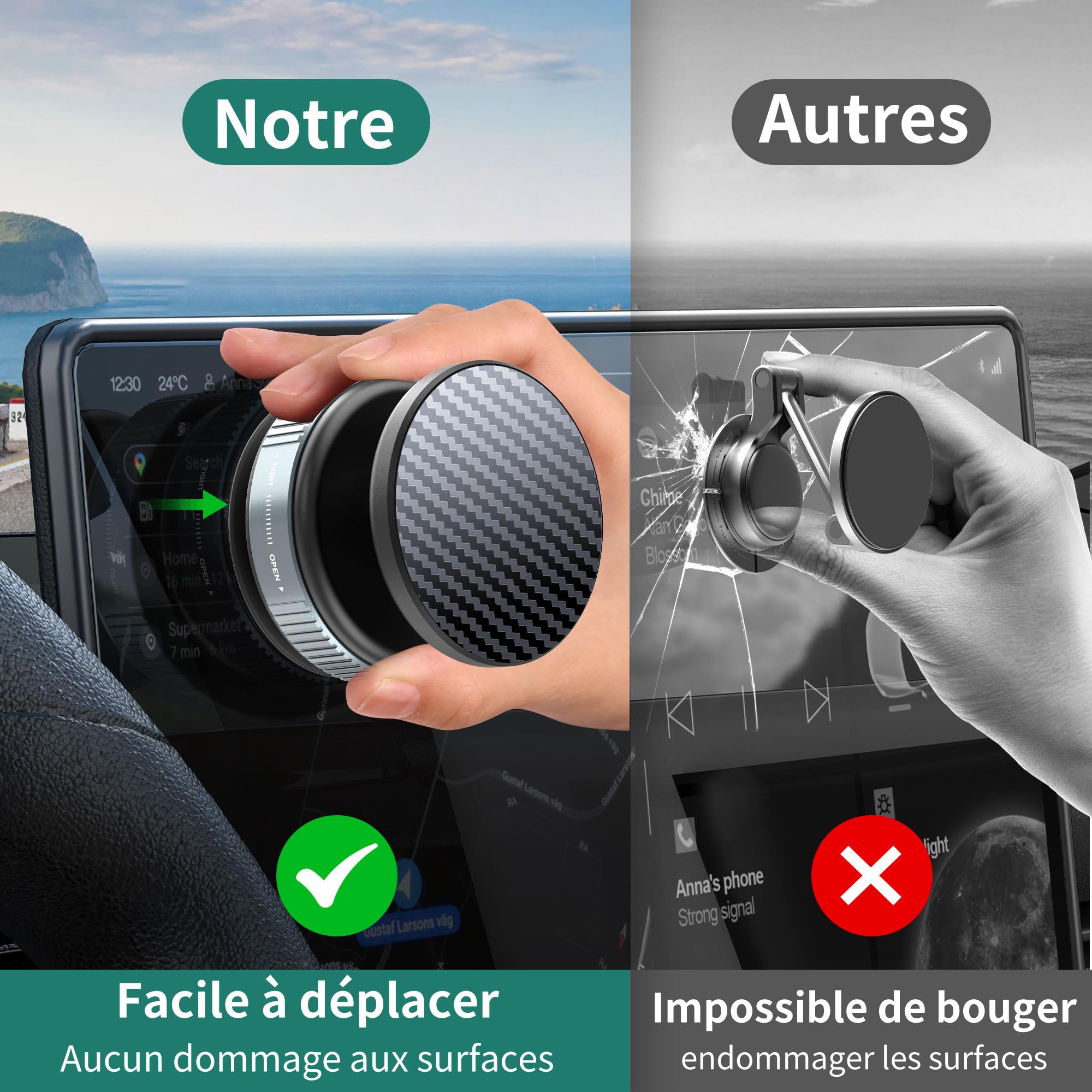 HomeMount Support de téléphone magnétique à ventouse rotatif à 360 °, convient pour iPhone 16/15/14/13/12 et Samsung sur des surfaces lisses telles que les miroirs, le verre, les rétroviseurs