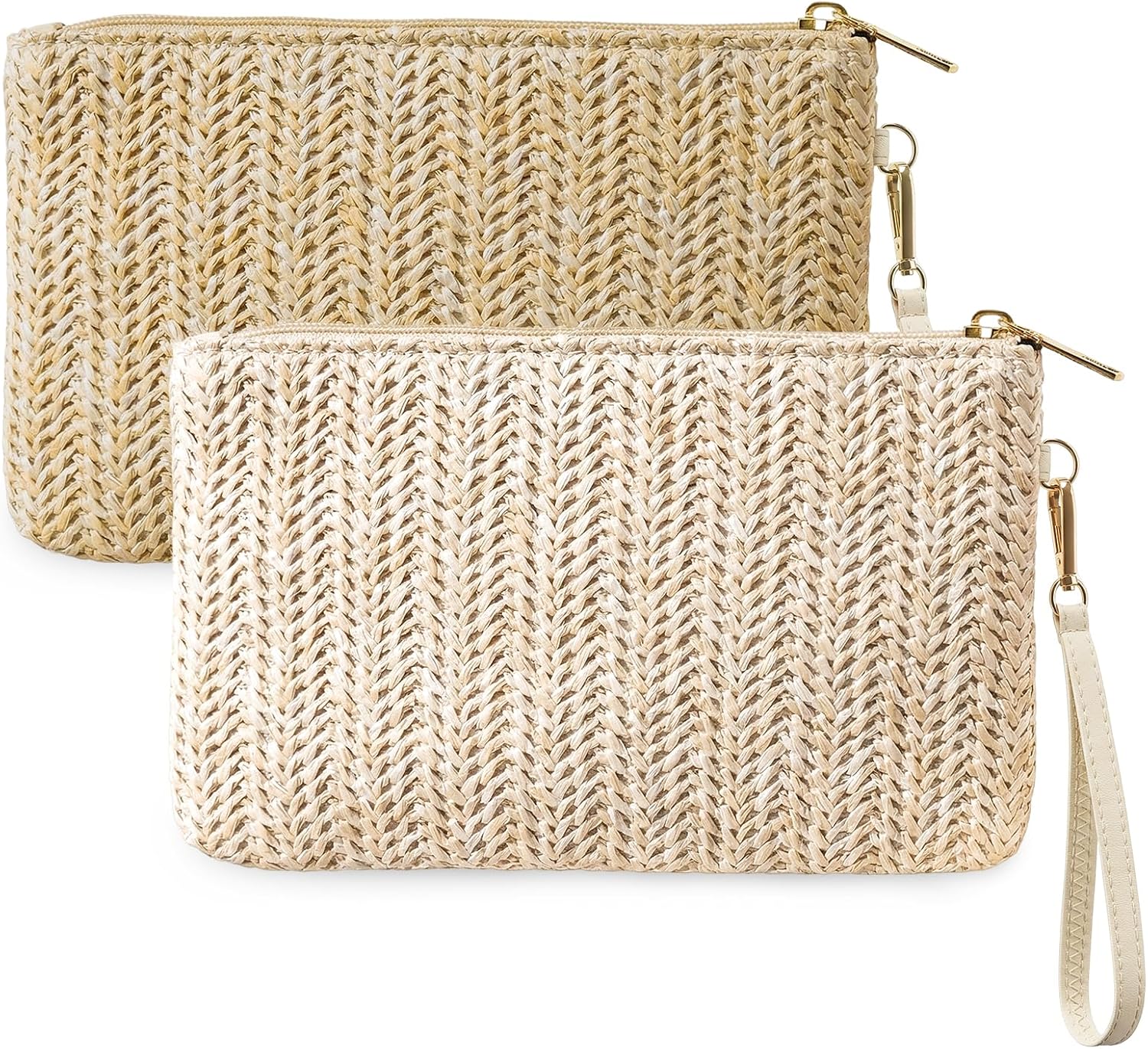 2Pcs Womens Straw Clutch Bag Bohemian Summer Beach Bag Straw Purse Wristlet Wallets Bags with Zipper for Women