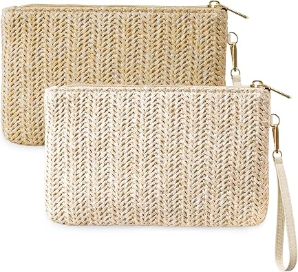 2Pcs Womens Straw Clutch Bag Bohemian Summer Beach Bag Straw Purse Wristlet Wallets Bags with Zipper for Women