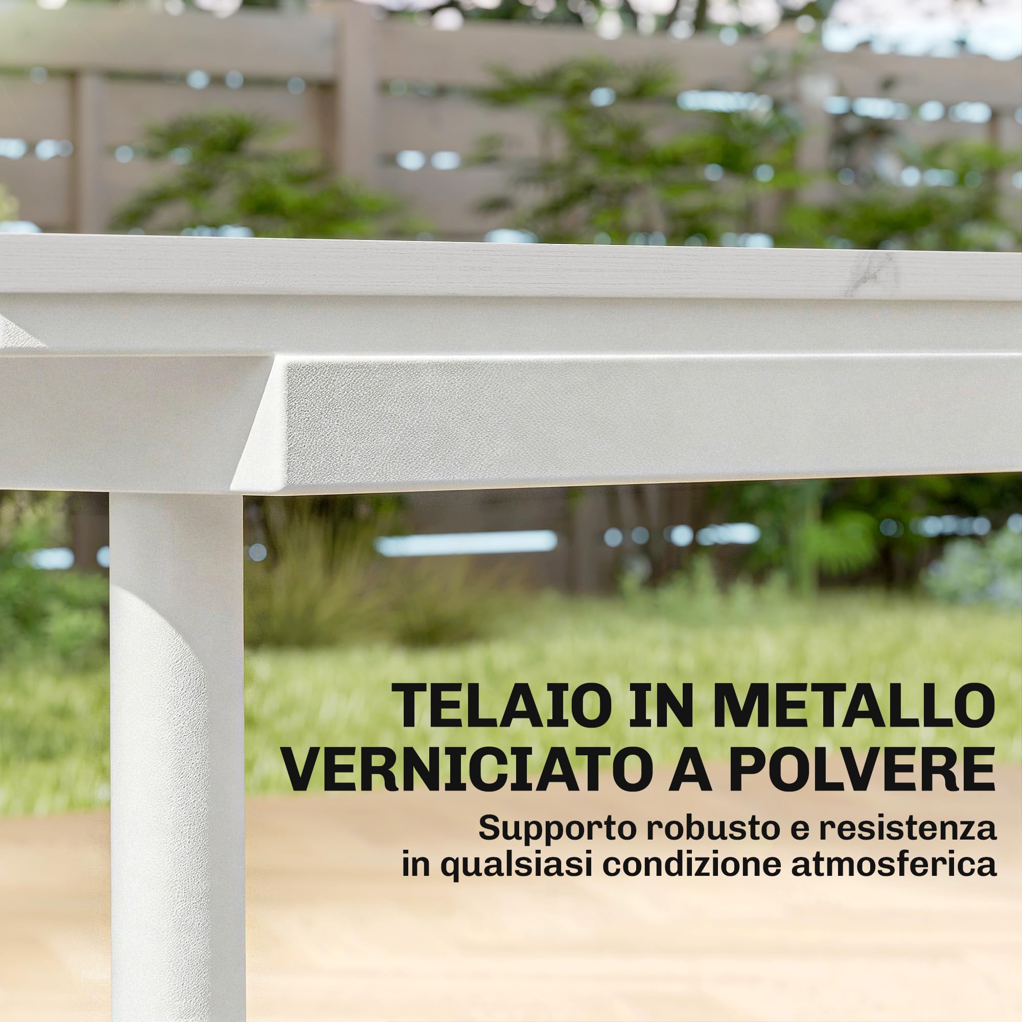 Outsunny Tavolo da Giardino per 6 Persone 140x80 cm Rettangolare Bianco | Tavolo da Pranzo Esterno, Piano in Composito Legno-Plastica Effetto Marmo, Struttura in Metallo, per Patio Terrazzo
