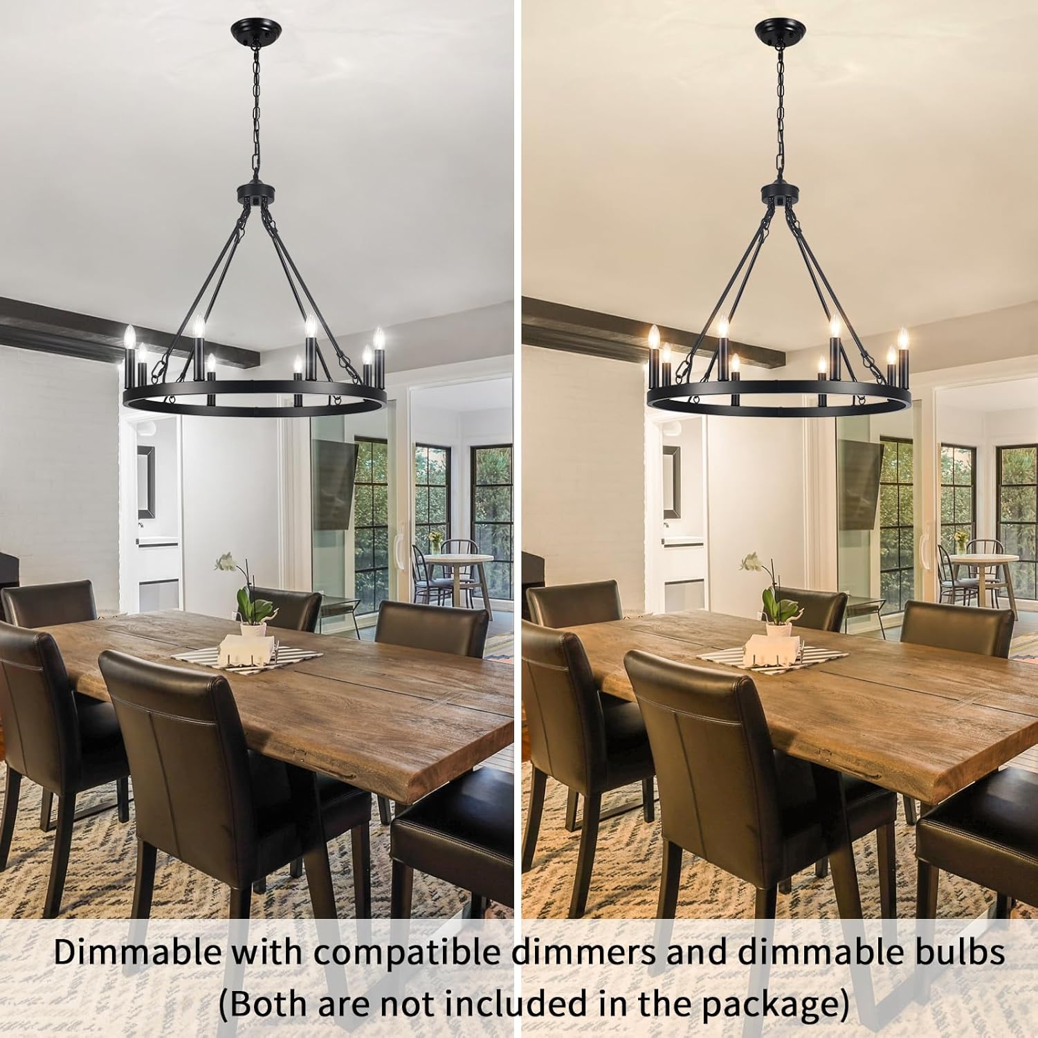 LASENCHOO Round Black Wagon Wheel Chandelier Farmhouse for Dining Room Light Fixture 8 Lights Dia 23.6" Large Wrought Iron Black Chandeliers for High Ceilings Outdoor Entryway Foyer Living Room Porch