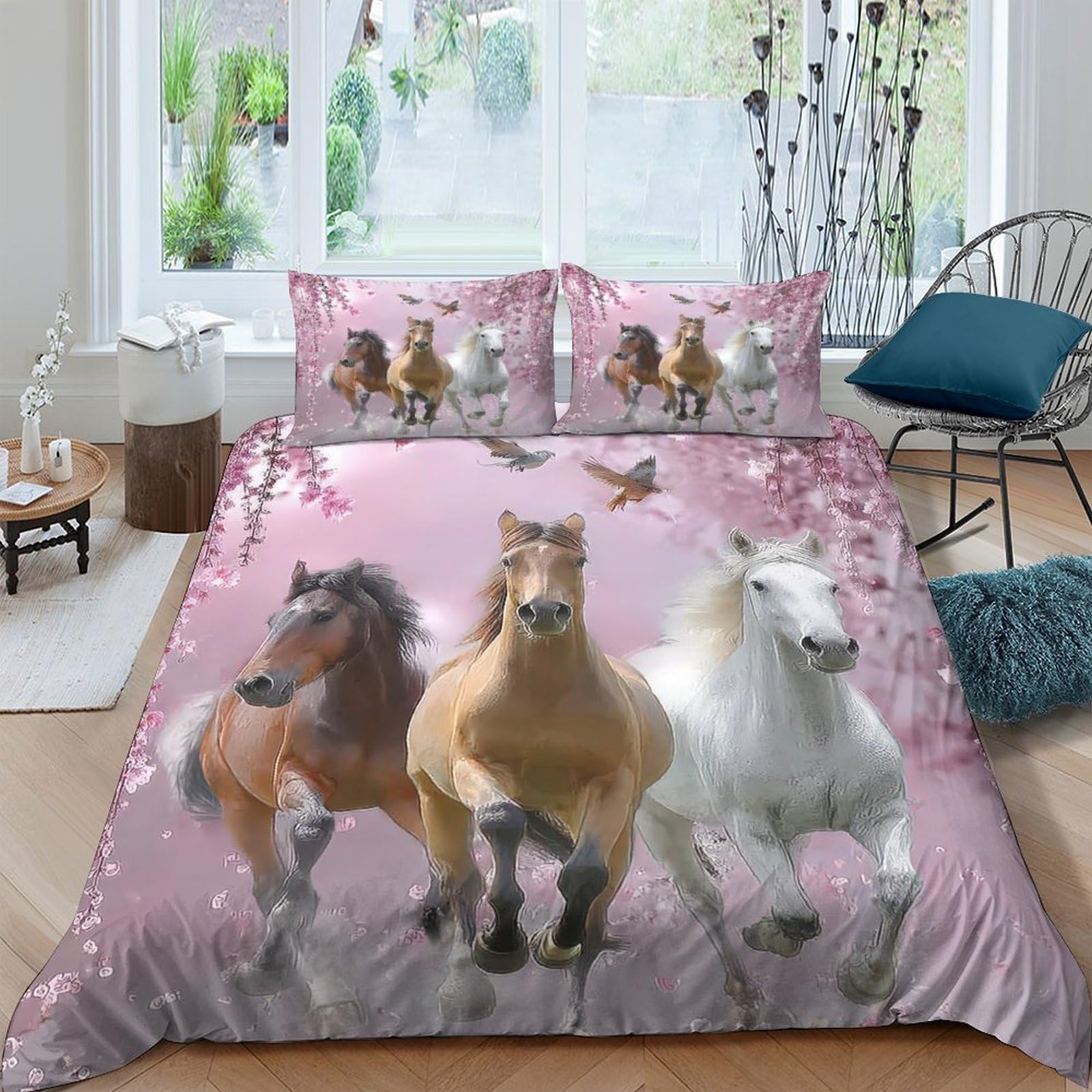 Ctjqhvkz Style-10 3D Printed Running Horses Fitted Sheet Microfiber Soft Pink Blossom Mattress Cover Bedroom Dorm Decor Machine Washable Single（135X200cm）
