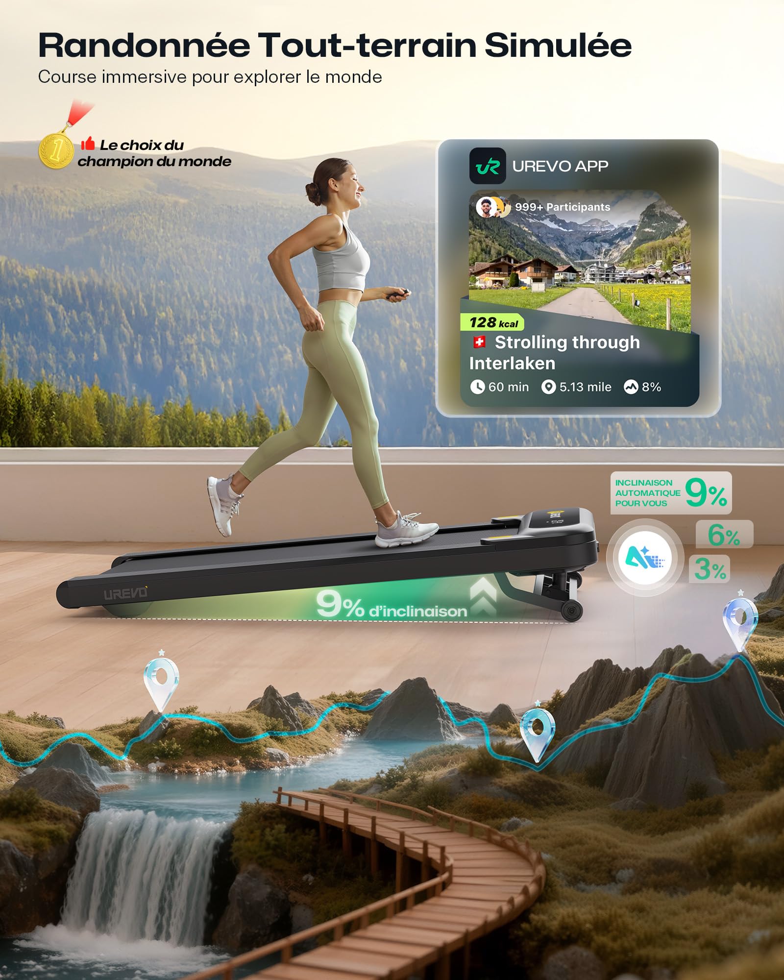 UREVO Tapis de Course, Tapis de Marche Walking Pad, Inclinaison Auto 9% | Silencieux, SmartAPP IA avec musique, programmes HIIT, parcours pittoresques, amortissement 12 points, randonnée immersive