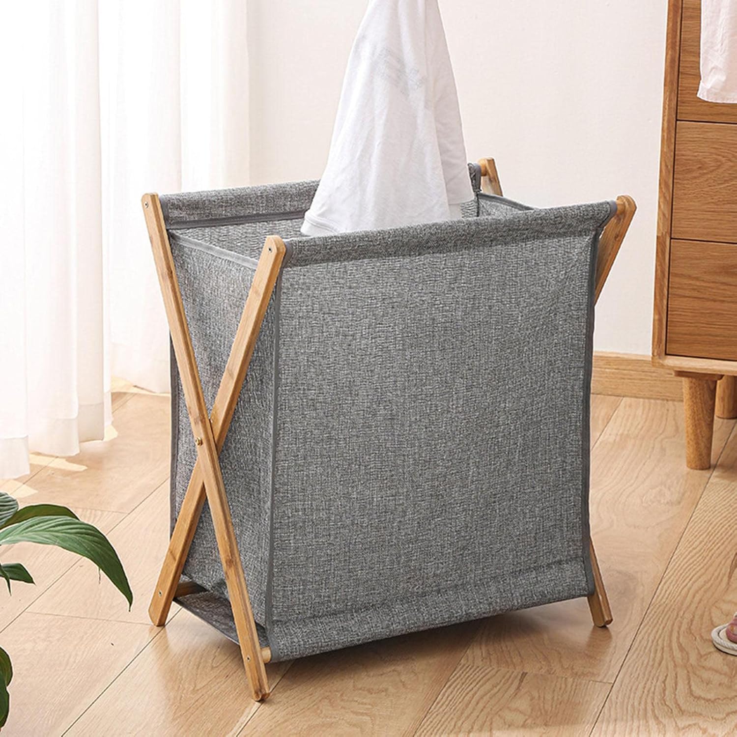 Folding Wood Laundry Basket Organizer Pop-Up Laundry Hampers Lightweight Reinforced Base Daily Essential (Grey 40x34x56.5cm)
