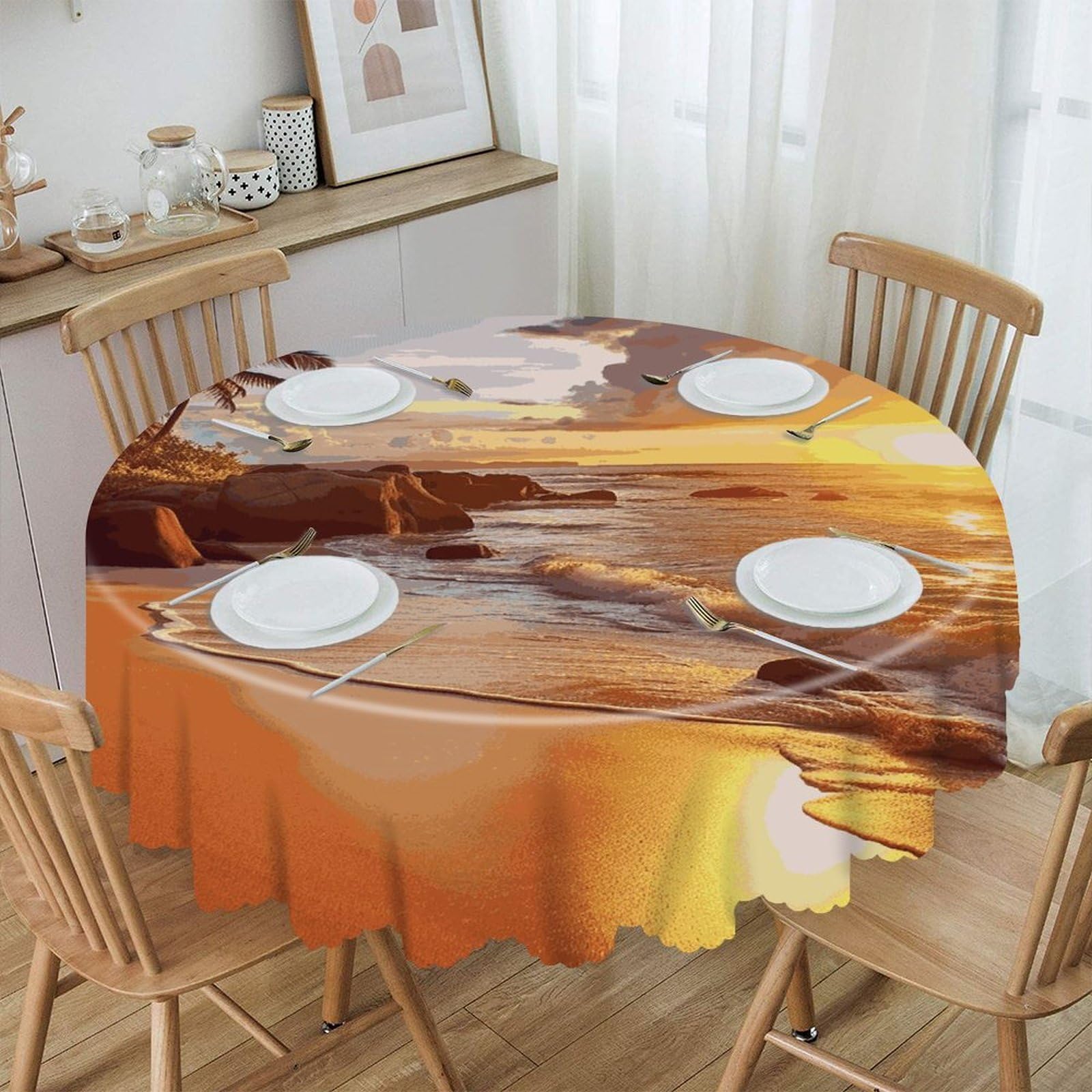 VstaDank Tropical Beach at Sunset Round Tablecloth 60 Inch Easy to Clean Circle Table Cover Thick Decorative Round Polyester Table Cloth for Dining Kitchen Party Farmhouse Outdoor