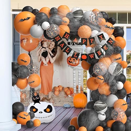 Miniatura 6 de Kit de arco de globos de Halloween de diferentes tamaños de 18125 pulgadas, globos negros y naranjas con globos de calabaza y gato, calcomanías de