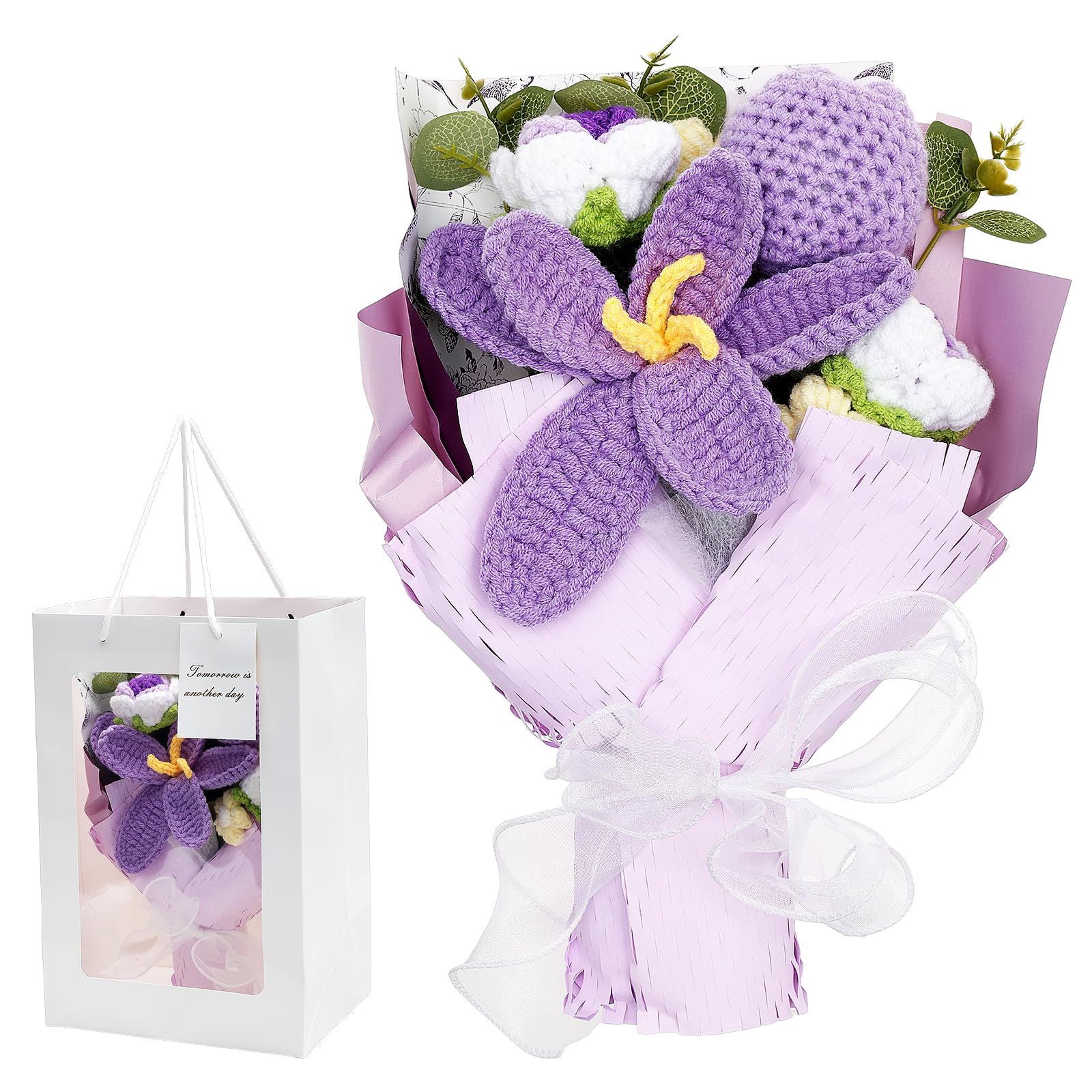 Handmade Crochet Flower Bouquet Exquisite Knitted Flowers Bouquet with Present Bag 28x20x6cm Finished Crochet Flowers as Gifts for Anniversary Graduation Outdoor Home Decor Wedding Birthday(purple)