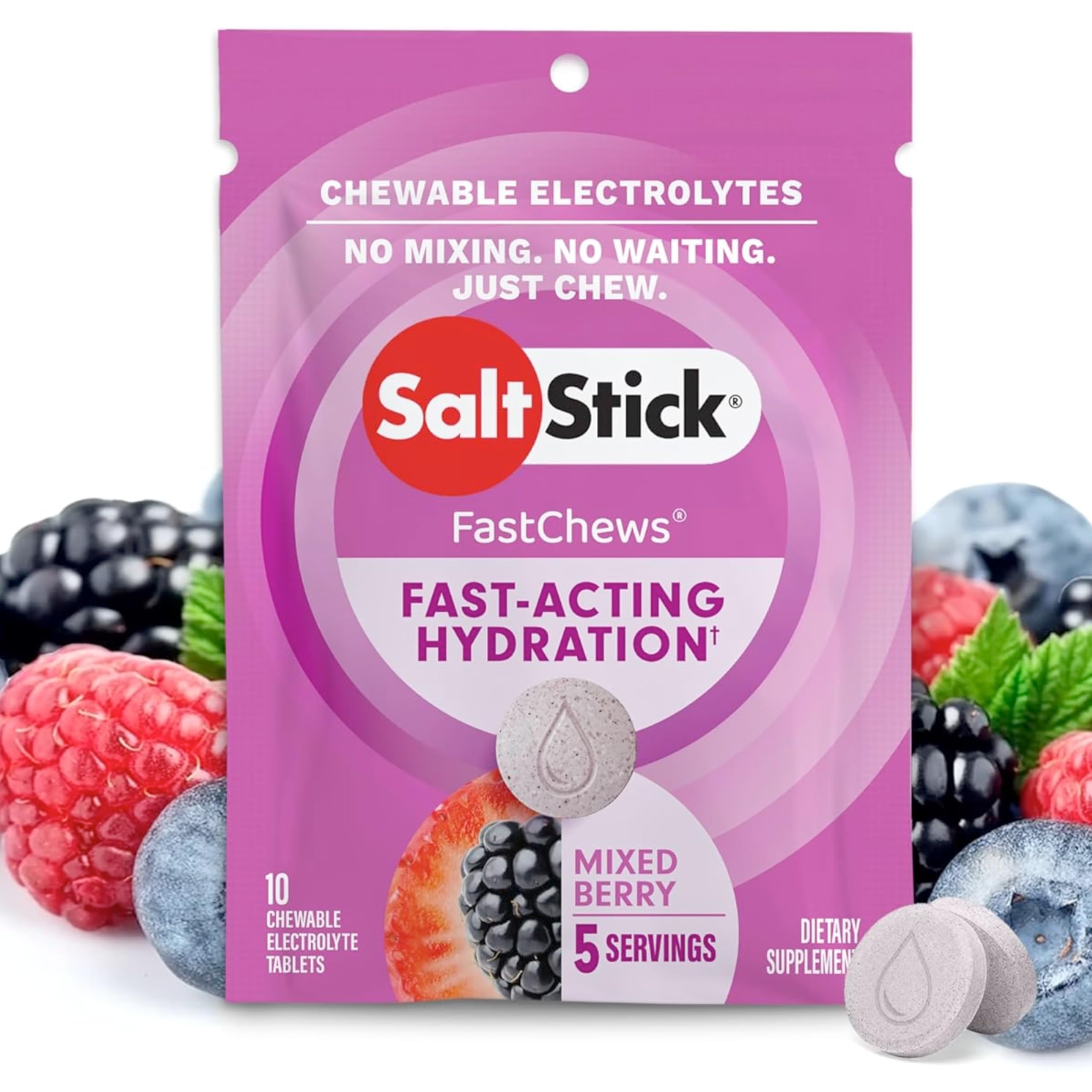 SaltStick Fastchews, Electrolyte Replacement Tablets for Rehydration, Exercise Recovery, Youth & Adult Athletes, Hiking & Sports Recovery, 1 x Packet of 10 Tablets (Mixed Berry)