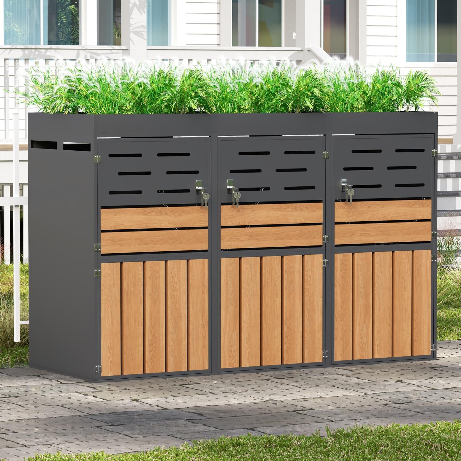 KOMHTOM Cache-Poubelle Extérieur 3 Bacs 240L Abri Rangement Tri Sélectif Jardinière Intégrée Aération Acier Galvanisé Gris Bois (3 Bacs (3 x 240L))
