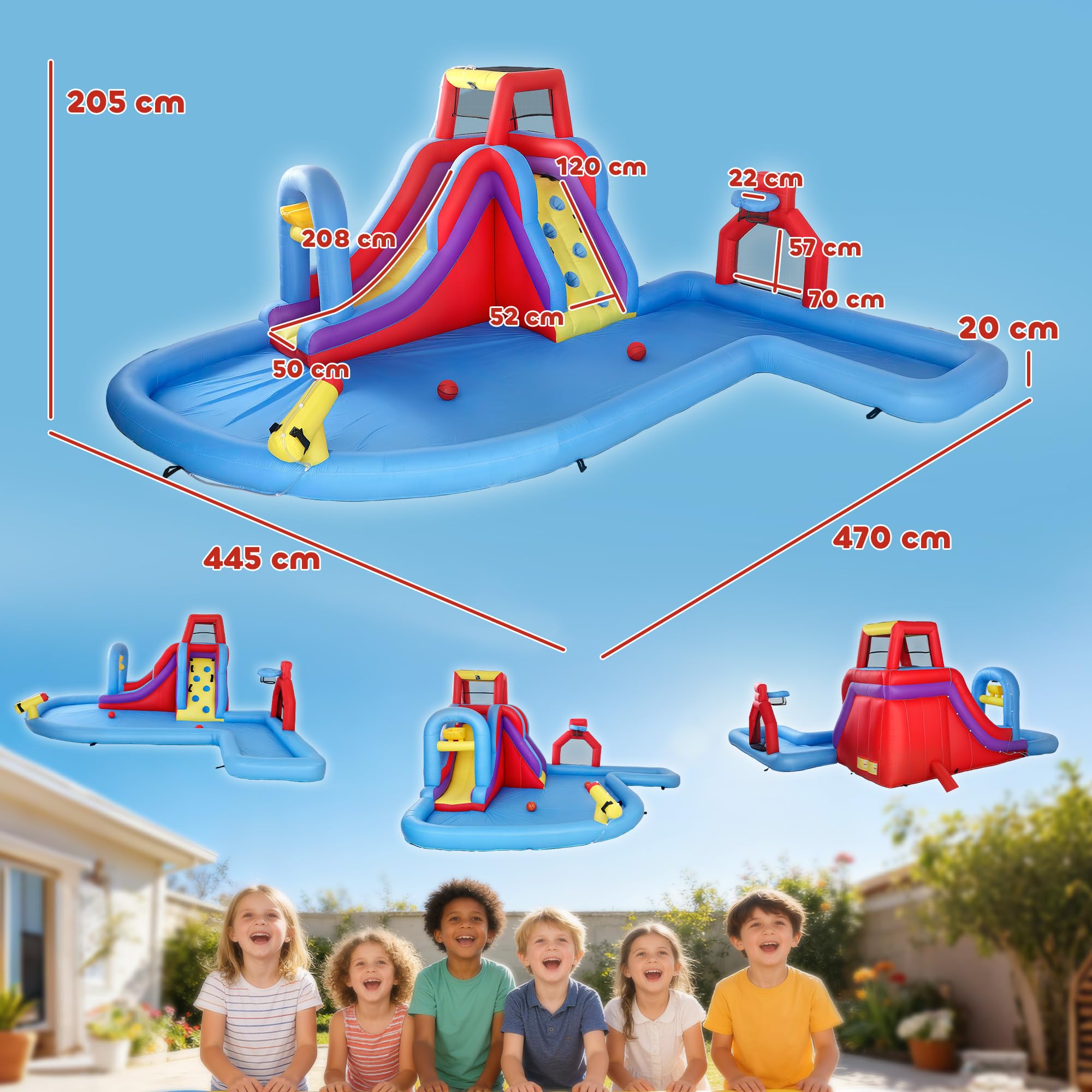 AIYAPLAY Castillo Hinchable Acuático con Soplador 550W 6 en 1 Castillo Hinchable para Niños con Tobogán Pared de Escalada Piscina Aro de Baloncesto Portería de Fútbol Exterior Interior 470x445x205 cm