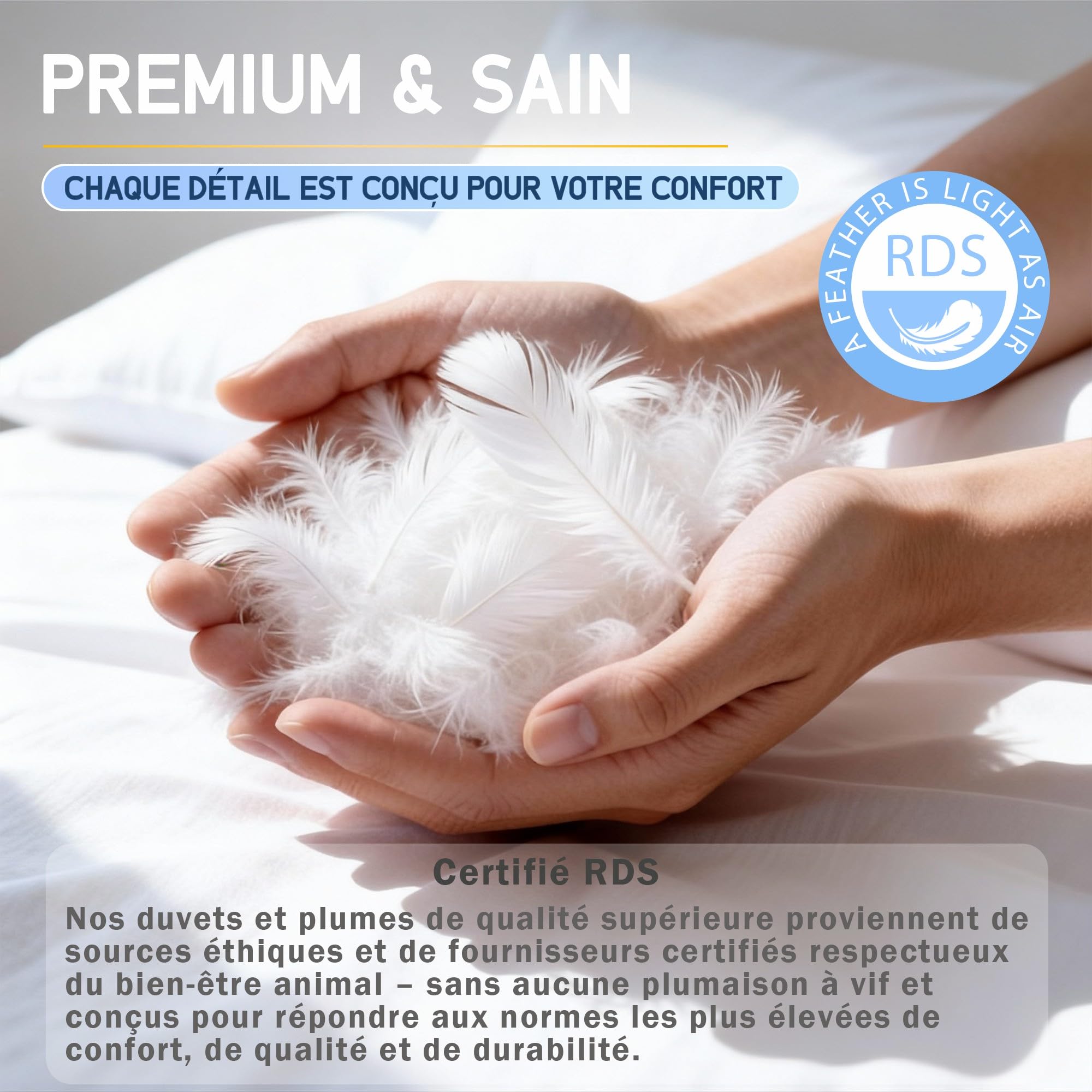Oreiller 60x60 Duvet Luxe Plume - Oreiller 60x60 cm en Duvet et Plumes de Qualité Hôtelière - Confort Oreillers de Sommeil en Plume 3 Chambres Certifié Oeko-Tex-Dormez comme sur des Nuages