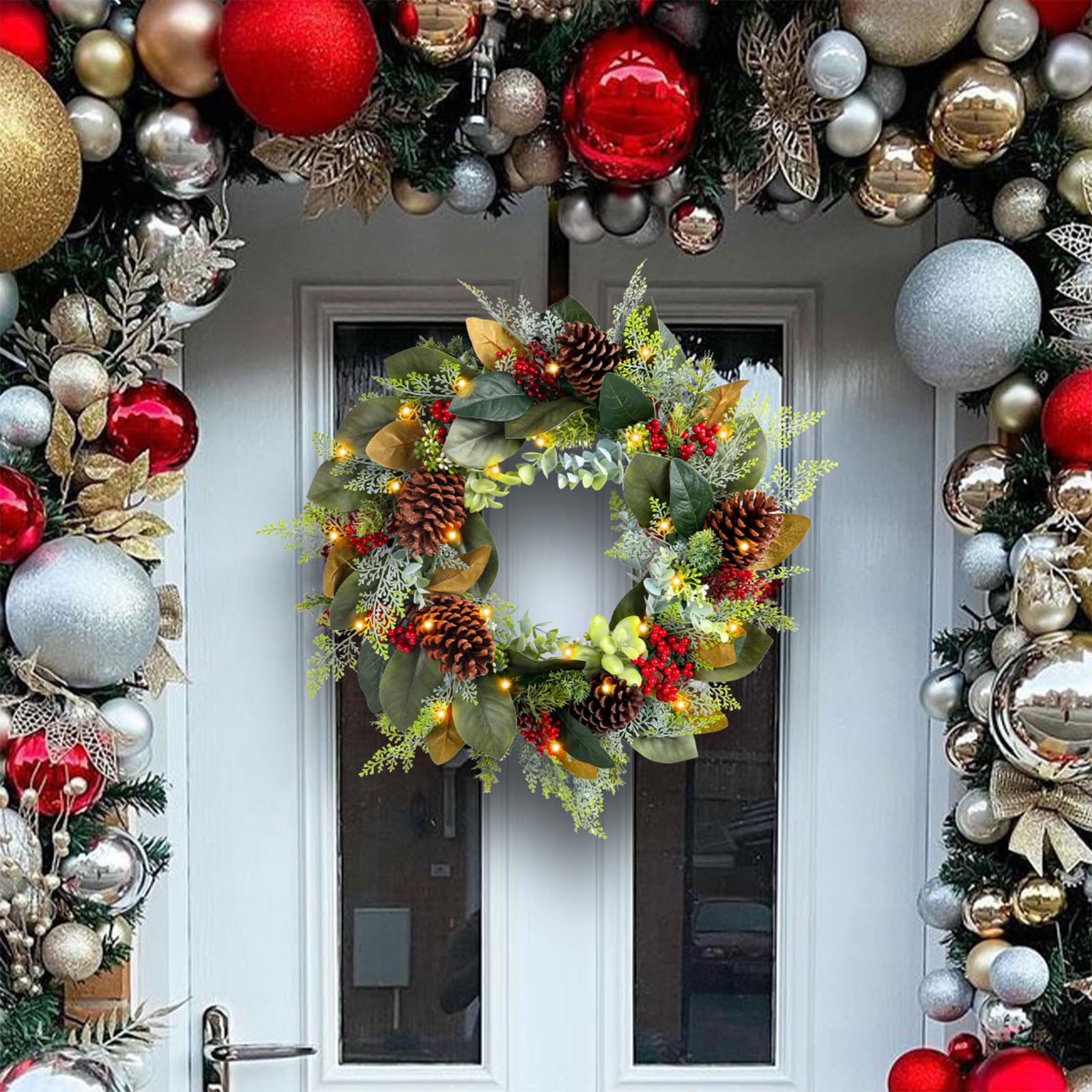 Couronne De Noël Lumineuse 31 Cm Pour Porte - Décorations Avec Pommes De Pin, Arcs Et Guirlande LED