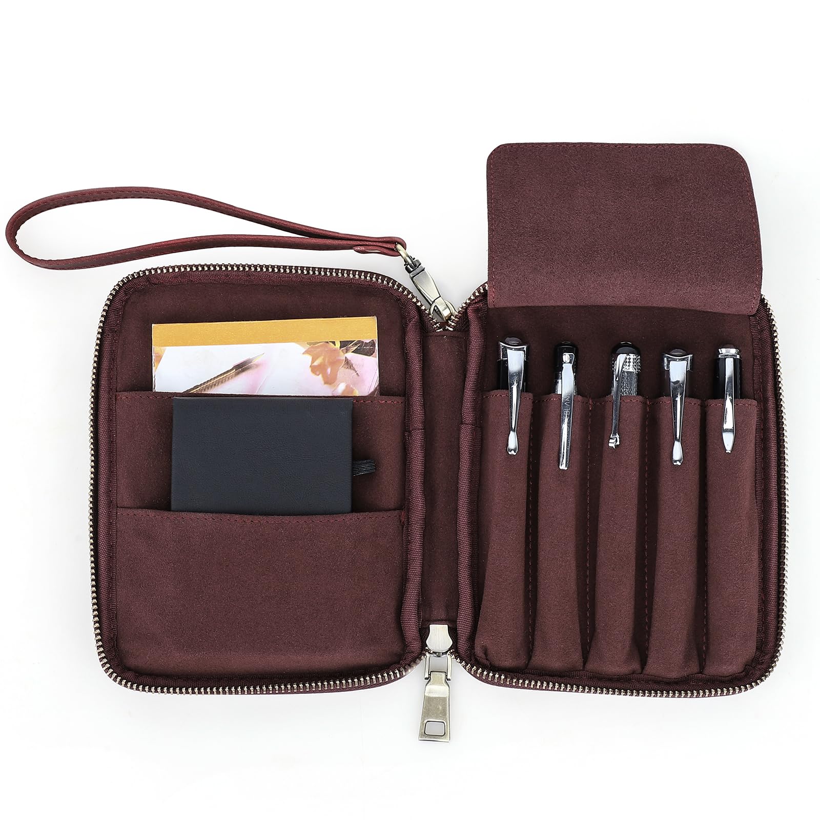 CONTACTS Fullgrain Leather 5 Pens Case Travel Organiser with A6 Journal Pocket Clutch,2 Notebook Pouch,Large Fountain Pen Holder,Vintage Soft Suede Interior,Removable Wrist Strap — image 1