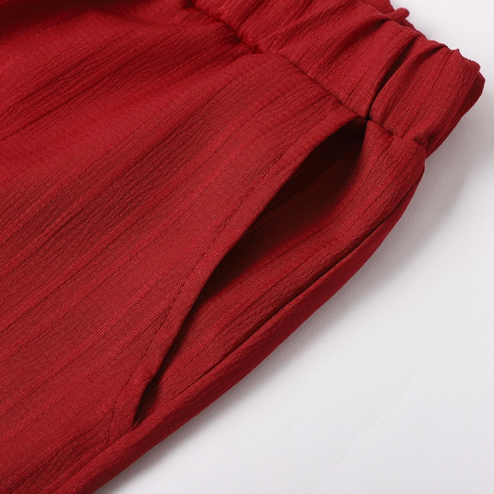 Camisetas Mujer Gatos Camisa Larga Roja Manga Corta Irregular Cuello Cintura Elástica Pantalones Anchos Bolsillos