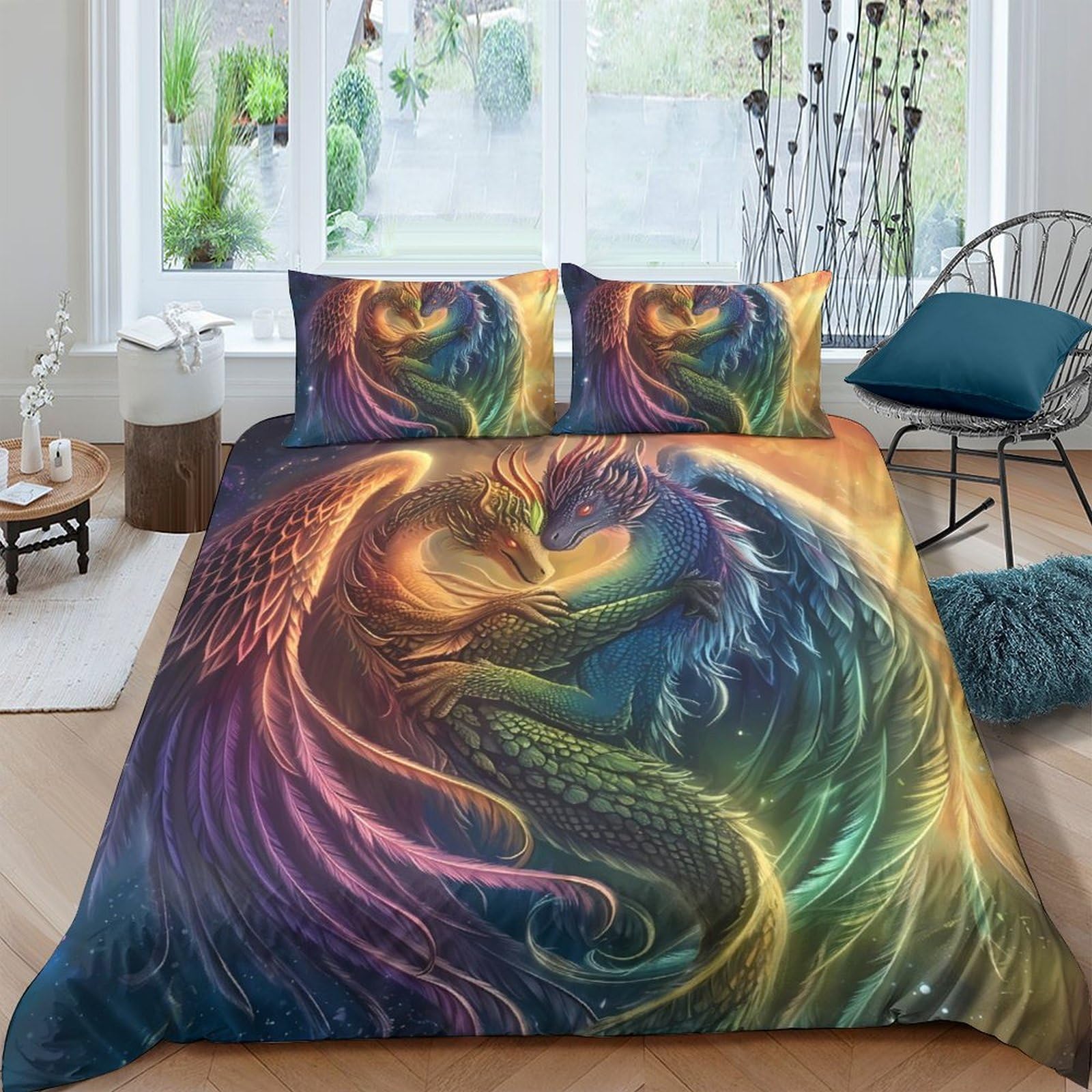 P5V6M1Q9 3D Printed Rainbow Dragon Duvet Cover Microfiber Soft Breathable Fantasy Phoenix Bedding Set with 2 Pillowcases for Bedroom Decor Single（135x200cm）